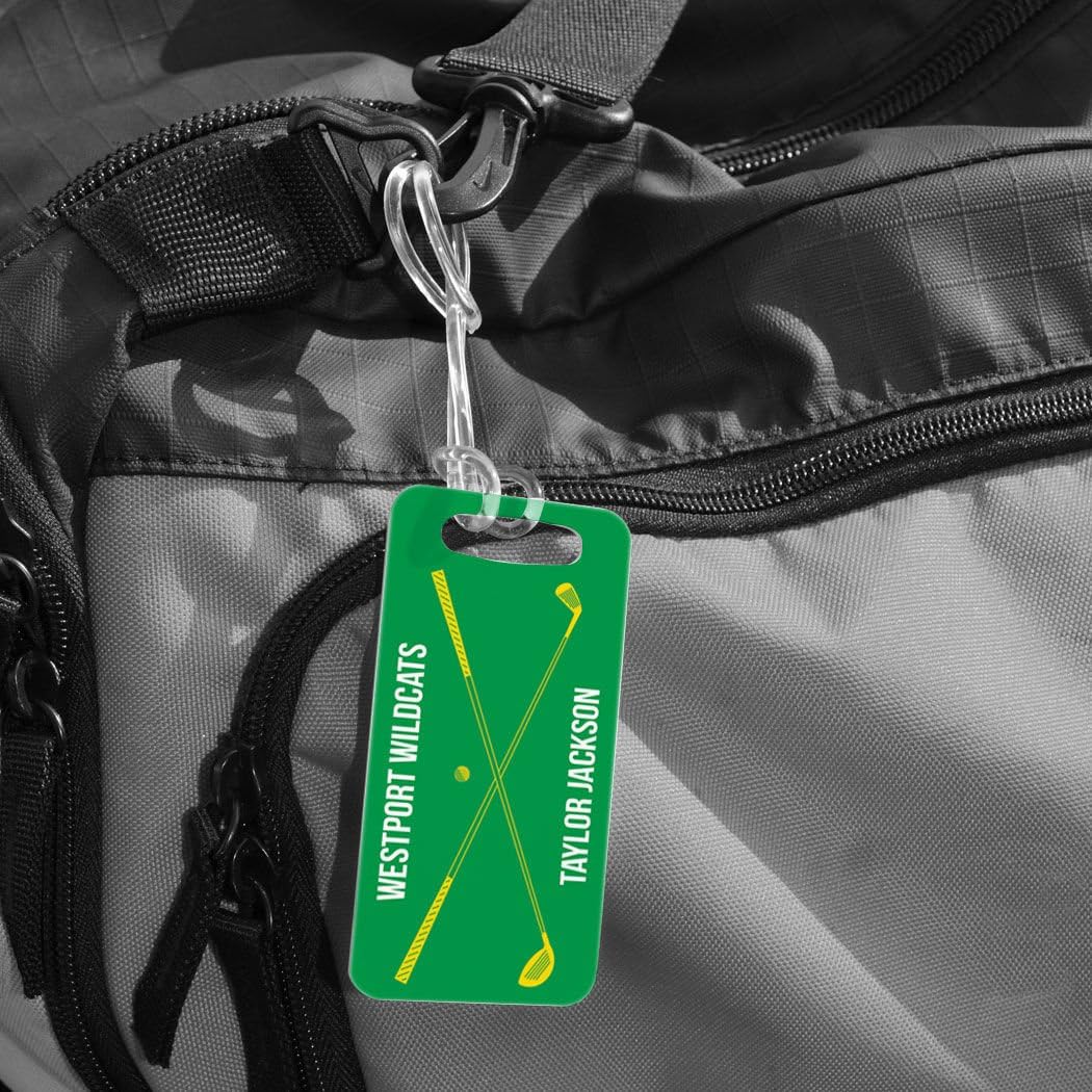 ChalkTalkSPORTS Golf Luggage & Bag Tag | Personalized Crossed Golf Clubs | Standard Lines on Back | Small | Green/Yellow