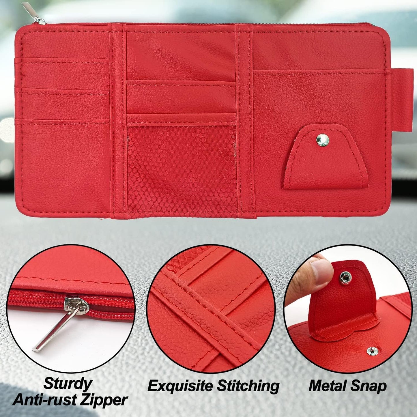 Keedolla Car Sun Visor Organizer with Multi-Pocket Net Zipper, Truck Visor Organizer Storage Pouch Holder for Cards, Pens, Sunglasses, CD Holder - Red