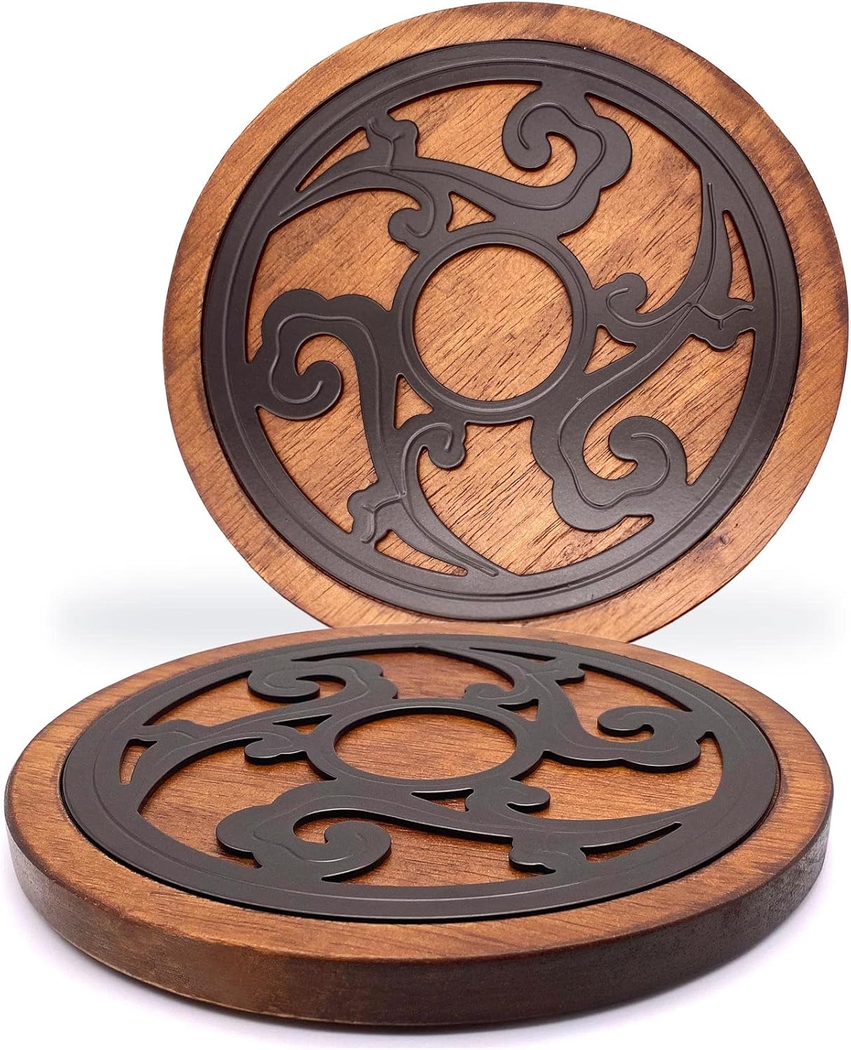 Cast Iron with Wood Trivets Set of 2, Wooden Trivets for Hot Dishes, 8-inch Round Kitchen Hot Pads for Table and Kitchen Counter- Heat Resistant, Rustproof, Non-Slip Durable, Hand Crafted (Black)