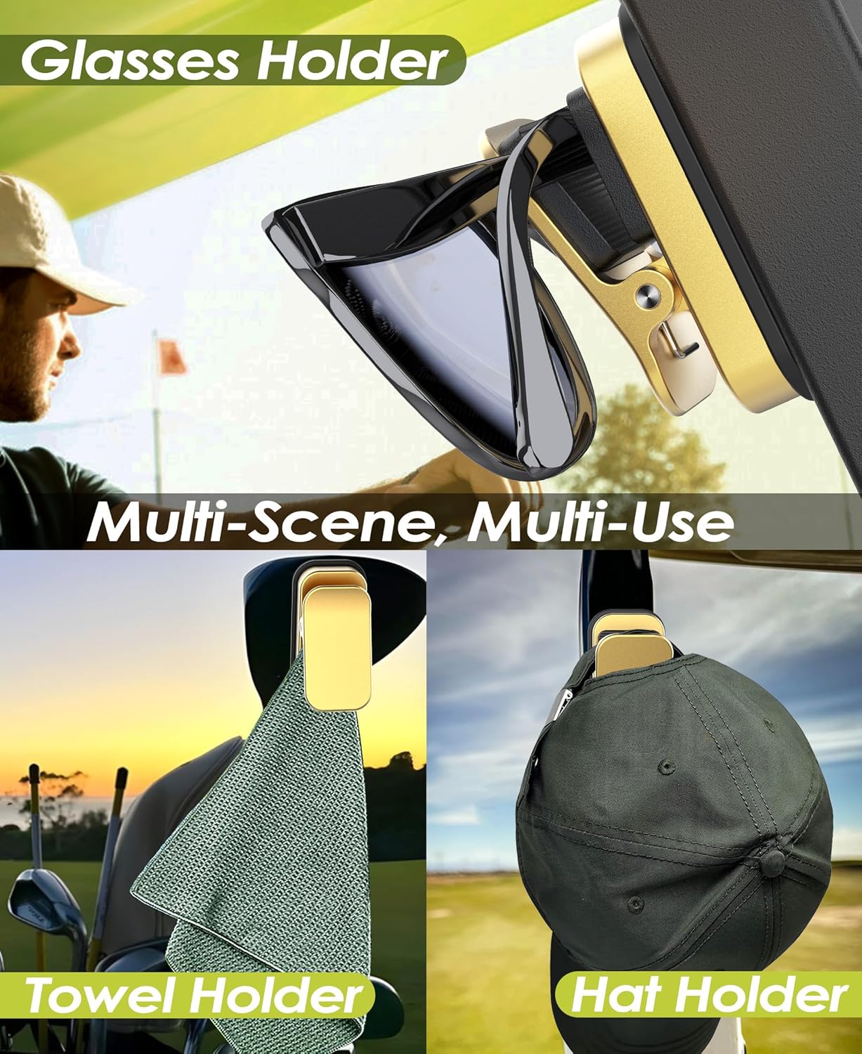 Sunglass Holder for Golf Cart, Magnetic Aluminium Sunglass Holder Clip Accessory for Golf Carts, Silicone Padded Eyeglass Clip Universal Fit with Gift Storage Bag