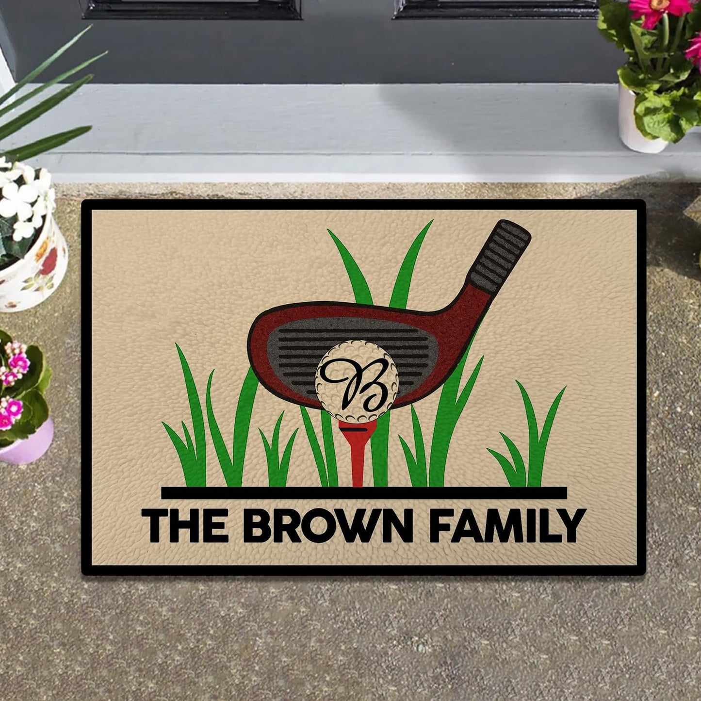 Personalized Golf Non-Slip Doormat with Family Name – Custom Entry Rug Featuring Club, Tee, and Monogram Golf Ball – Durable Outdoor Welcome Mat for Garage, Porch, Golf Cart Area, or Patio Entrance