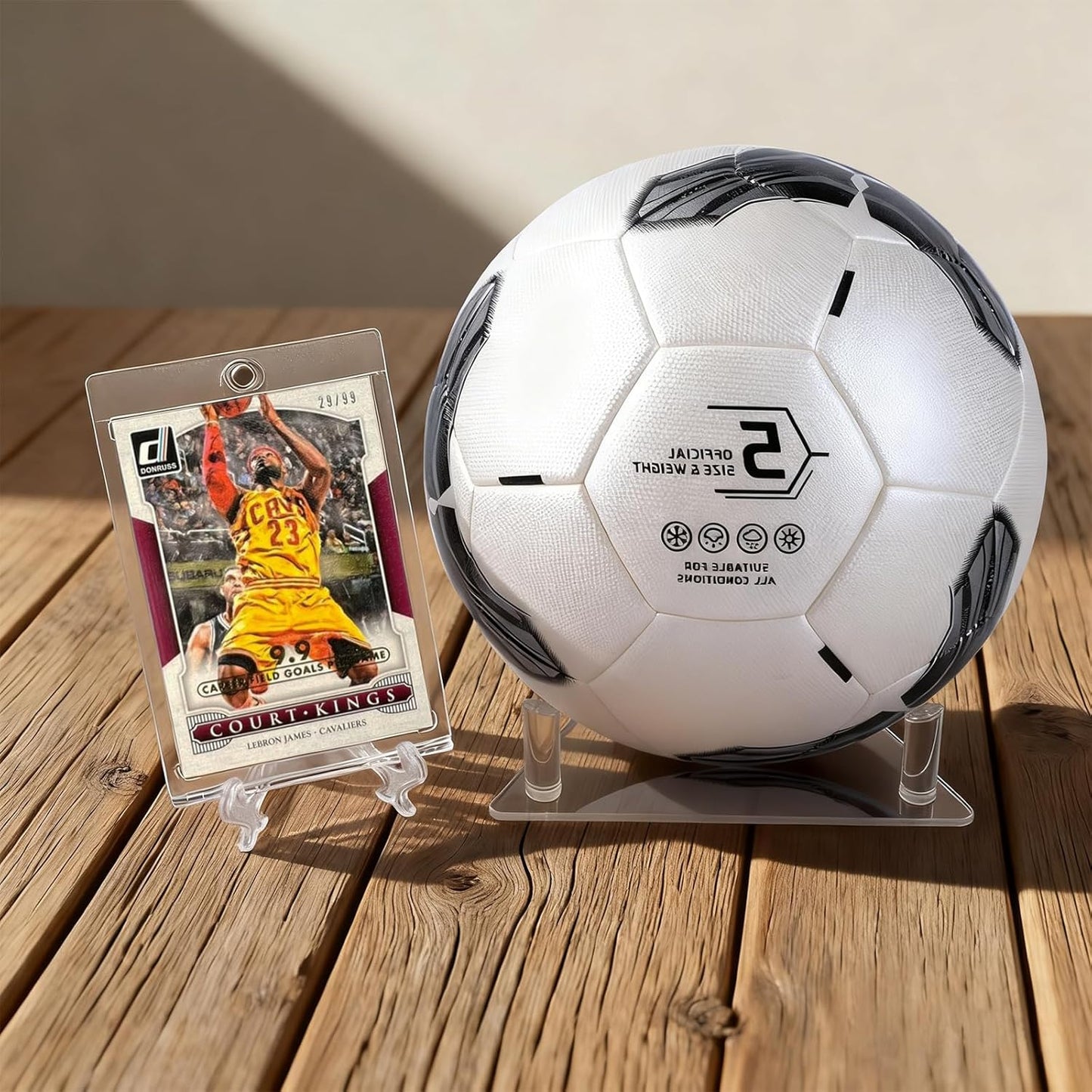 Ball Display Stand with Card Display Stand, Transparent Acrylic Sleek Holder for Different Size Basketball, Soccer Ball, Football, Small Easel Holder Stand for Trading Card Holder-1 Pack