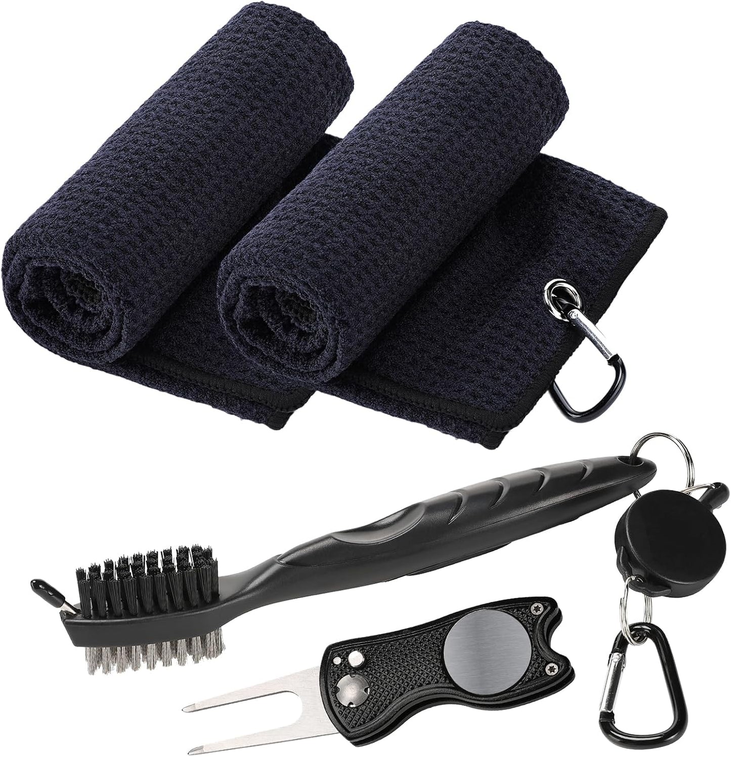 Aulock Golf Towel and Brush Set -16" x24" Microfiber Towels with Clip, Men Cleaning Kit with Golf Club Brush (2 Black Towels + 1 Brush + Golf Divot Tool)