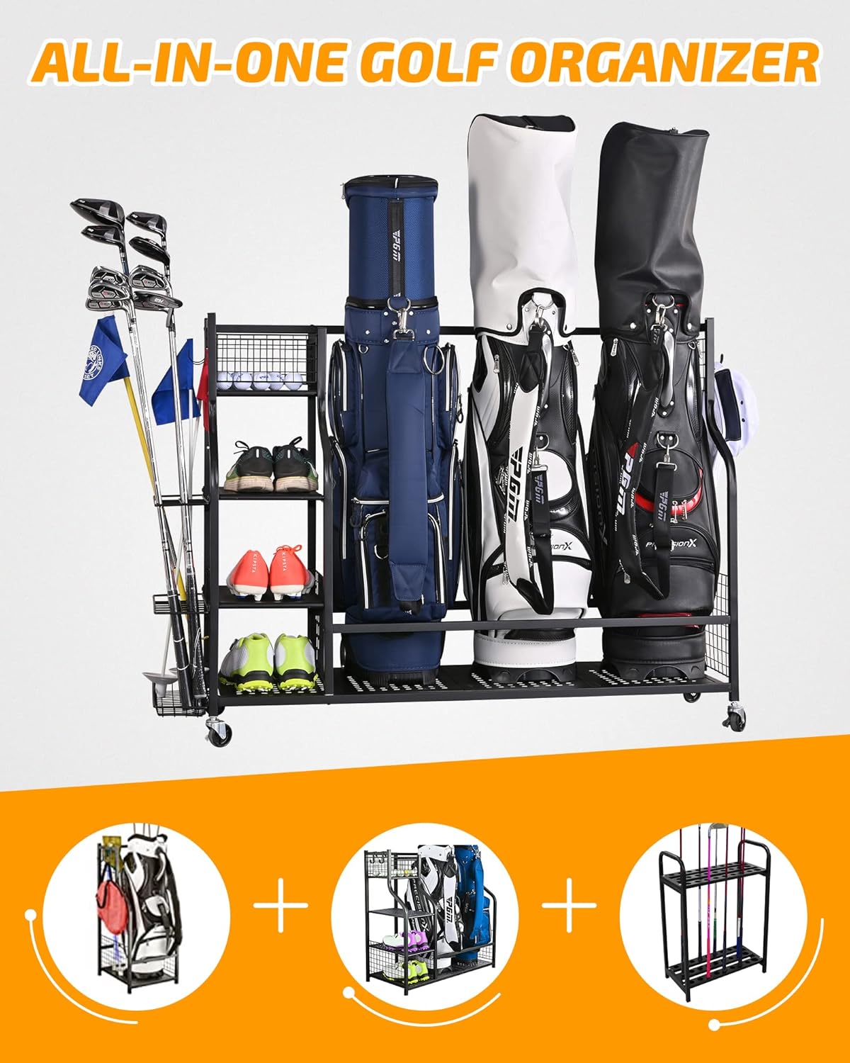 PLKOW Golf Bag Storage Garage Organizer, Extra Large Size Golf Bag Storage Stand and Golf Equipment Rack for Garage,Shed, Basement