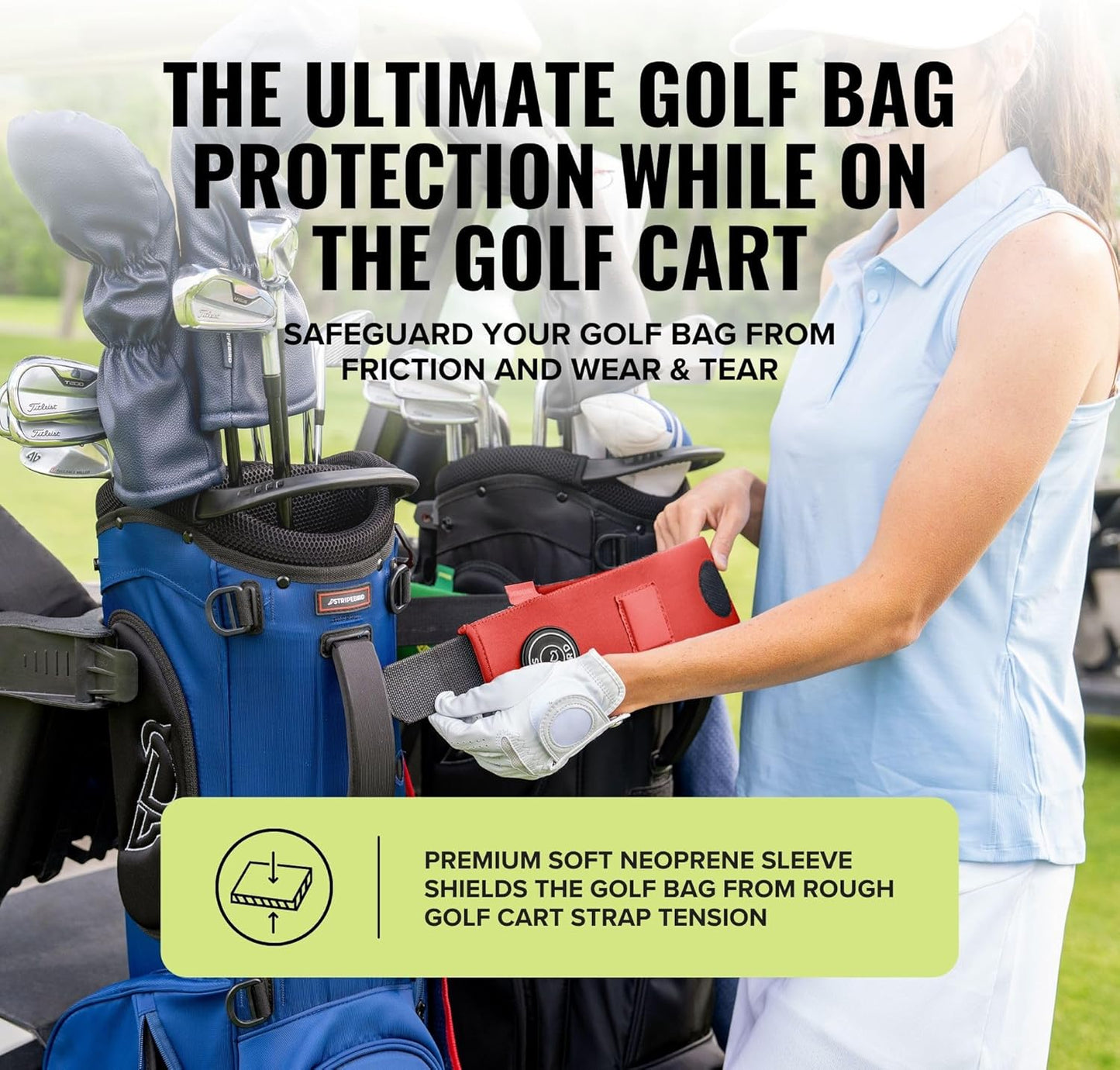 Stripebird - Premium Golf Cart Strap Sleeve Protector - Save Your Golf Bag from Golf Cart Straps - Includes Magnetic and Steel Plate for Magnetic Golf Accessories