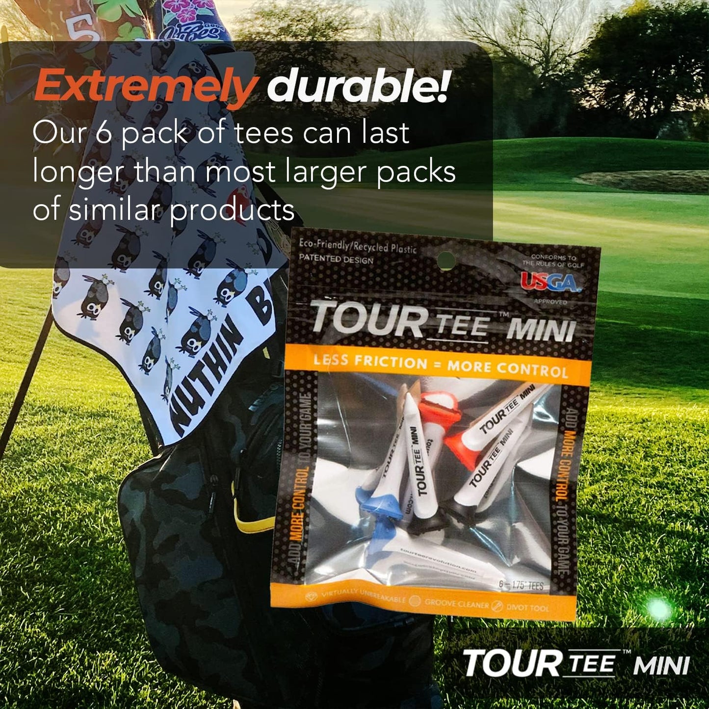 CMCDESIGN Tour Tee Mini Pack - Frictionless Golf Tees for More Distance & Consistent Yards - Reusable, Made w/Recycled Plastic and Virtually Unbreakable - Six 1.75” Short Golf Tees w/Rubber Tip