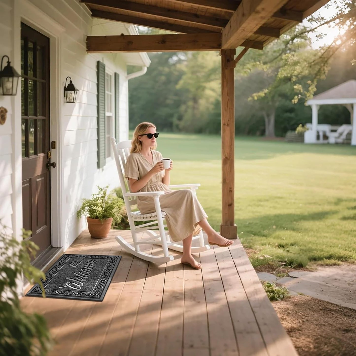 Yimobra Welcome Mat, Heavy Duty Sturdy Door Mats for Home Entrance Outdoor Indoor, Front Doormat for Outside Patio Floor Entry Porch Garage Office, Waterproof, Low Profile, 29.5x17, Black Grey