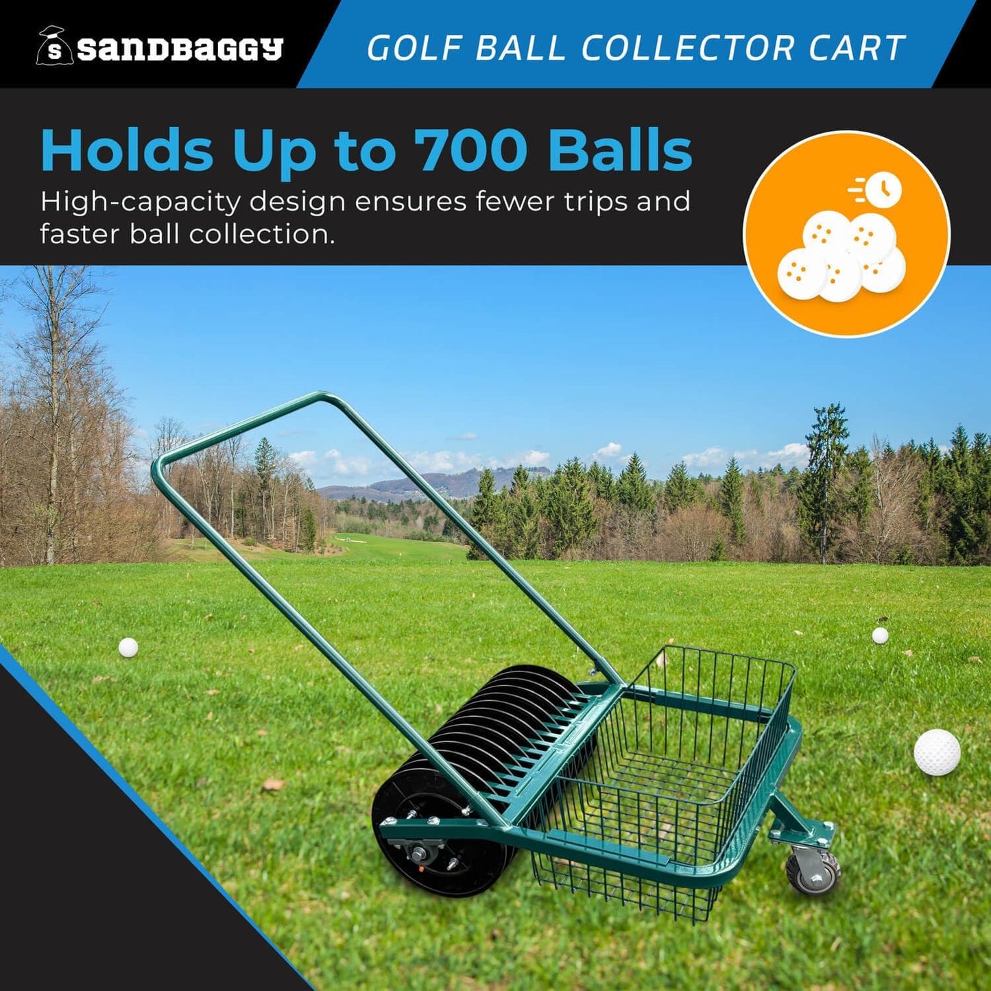 Sandbaggy Golf Ball Collector Cart - Holds Up to 700 Balls | UV & Rust Resistant | Ball Picker Upper, Retrievers, Pick Up Tool