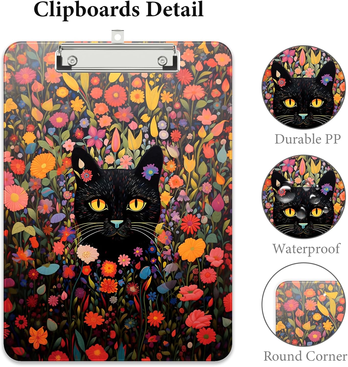 Rimilak Plastic Clipboards with Metal Clip, A4 Letter Size 9 x 12.5 in, Office Decorative for Students Women Men and Kids, Cute Custom Pattern, Flowers Cat