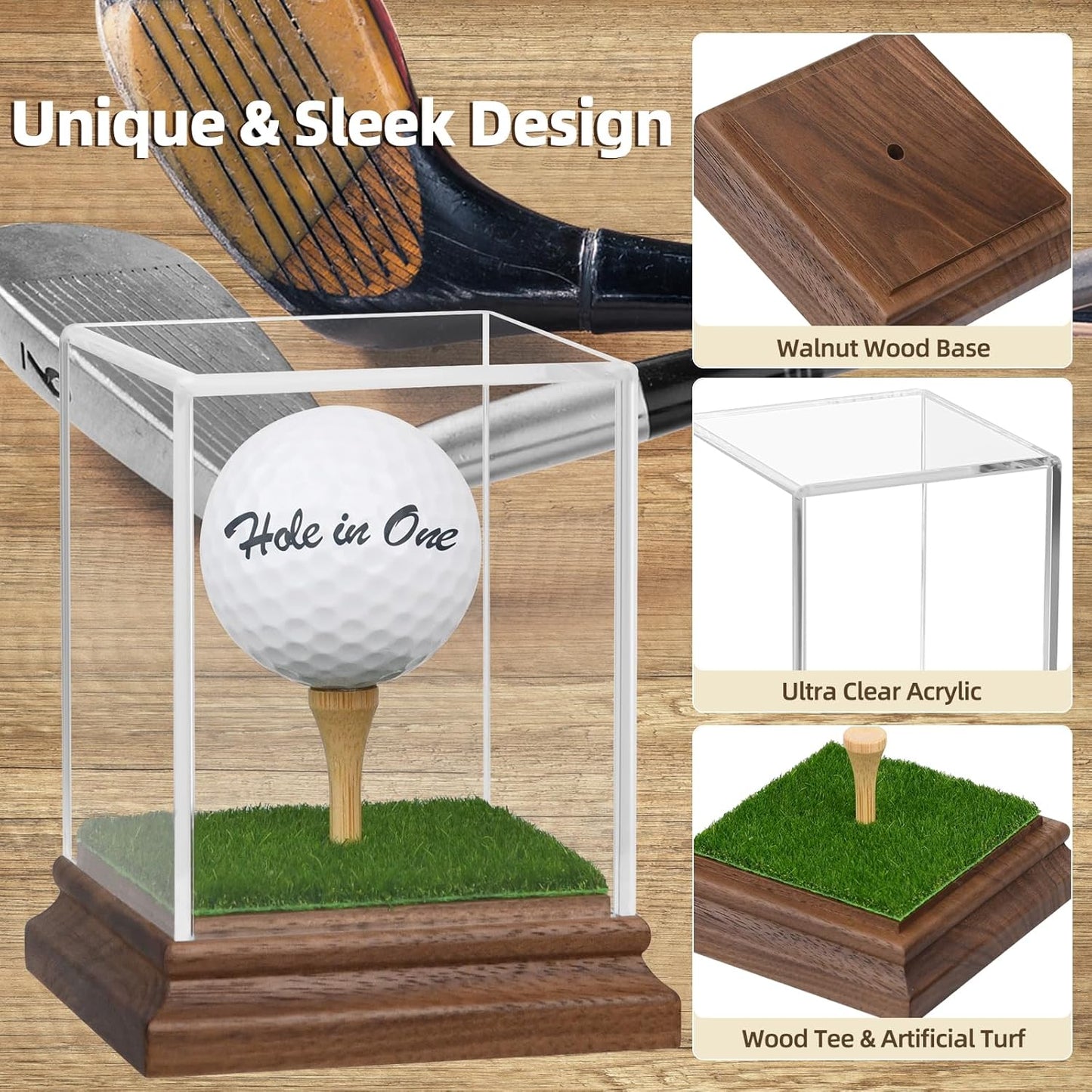 Golf Ball Display Case Hole in One Golf Ball Display Case Holder Wanult Wood Base Acrylic Golf Ball Holder Stand Lifelike Turf Wood Tee Memorabilia Showcase Square Cube Box Stand Golf Gifts Decor