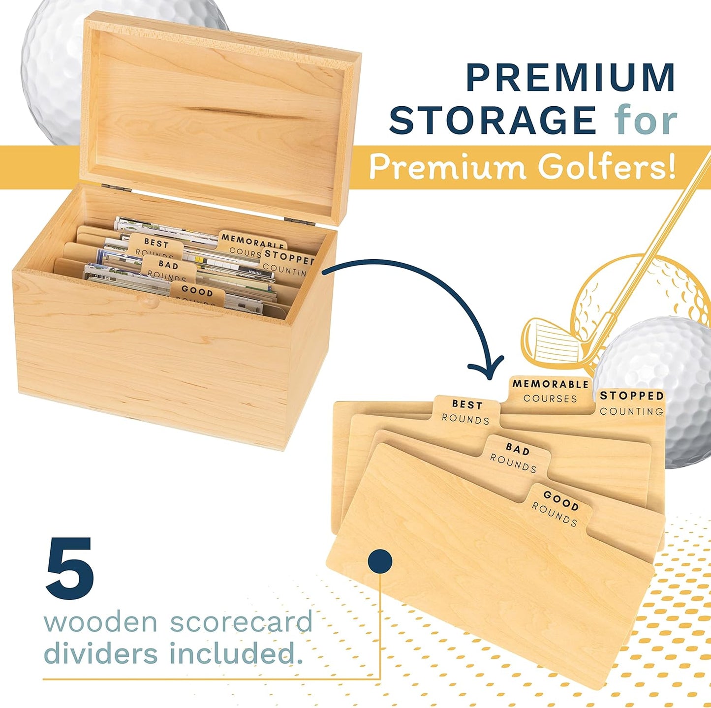 Golf Scorecard Collection Box - Holds Scorecards, Photos, Keepsakes, Yardage Books | Golf Storage Box with 5 Dividers to Organize and Display Golf Score Cards and Accessories Perfect Unique Golf Gift