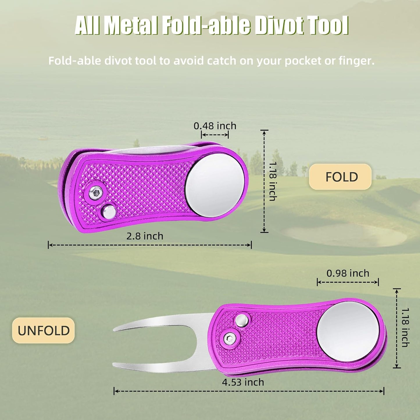 Mile High Life Golf Divot Repair Tool, All Metal Foldable Divot Tool with Pop-up Button & Magnetic Ball Marker