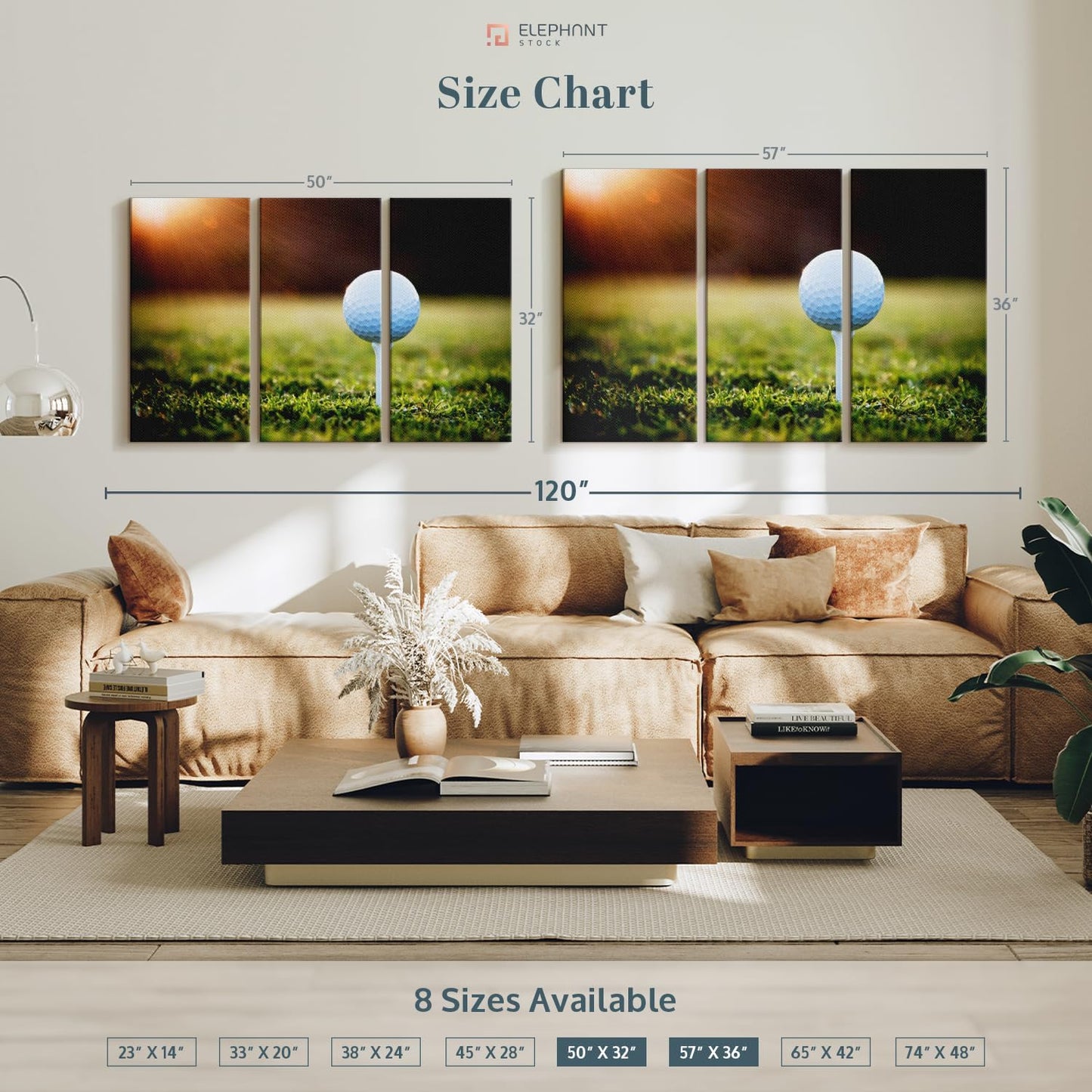 ElephantStock Golf Ball Tee Wall Art - Horizontal Canvas - 3-Piece Living Room Wall Decor - Photography Photographic Canvas Print - Black and White Decor for Wall - 50" X 32"