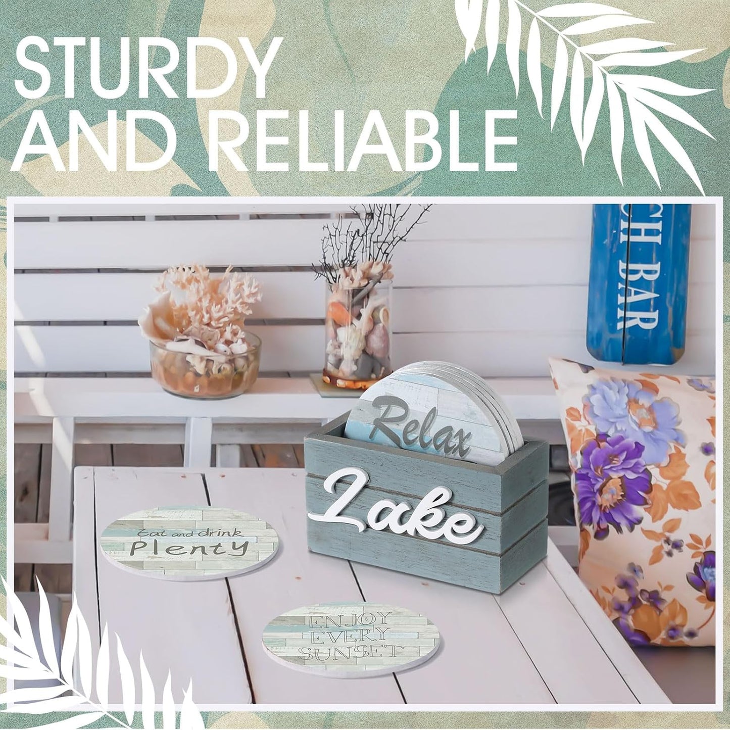 Queekay 6 Set Lake Theme Coasters with Holder for Drinks, Lake Lovers House Gifts, 4'' Wooden Coasters with Sayings Housewarming Gifts for Home Bar Coffee Table Decorations(Stylish Color)