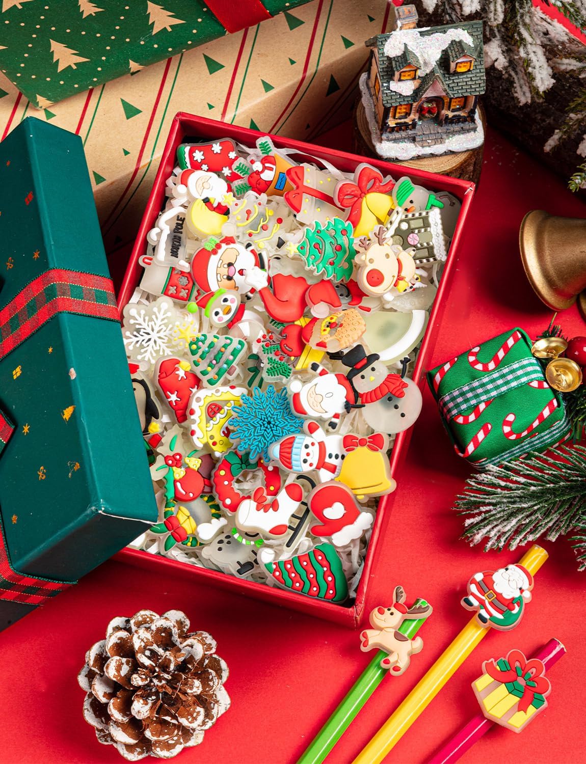 WDAHDHP Christmas Glow in the Dark Pencil Clips, 100Pcs Cute Luminous Pencil Charms Topper for Kids Students School Gifts Classroom Rewards