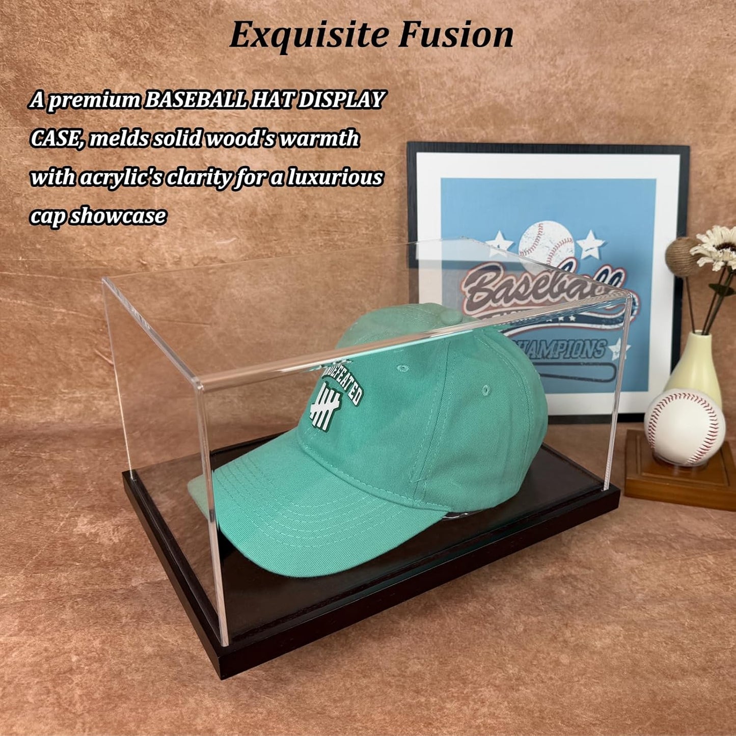 Hat Display Case,Clear One-Piece Acrylic Baseball Cap Display Showcase with Solid Wood Base & UV Protection,Include Hat Shaper for Collectors,Signed Caps and Memorabilia Display,No Assembly Required