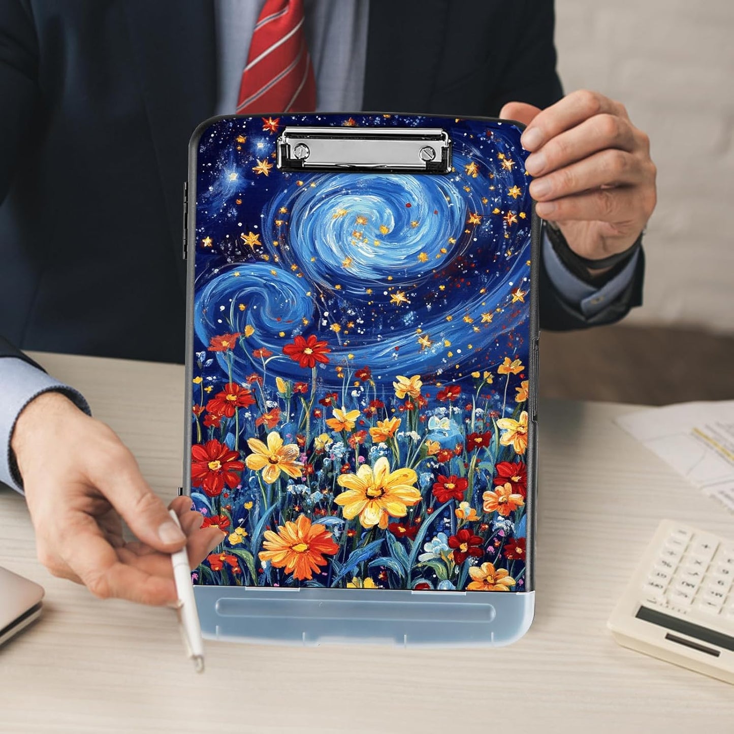 Clipboard with Storage - Large Capacity,Nursing Clipboard with Pen Holder,Heavy Duty,Plastic Side-Opening Folder for Teacher,Nurse - Flowers Under Starry Night