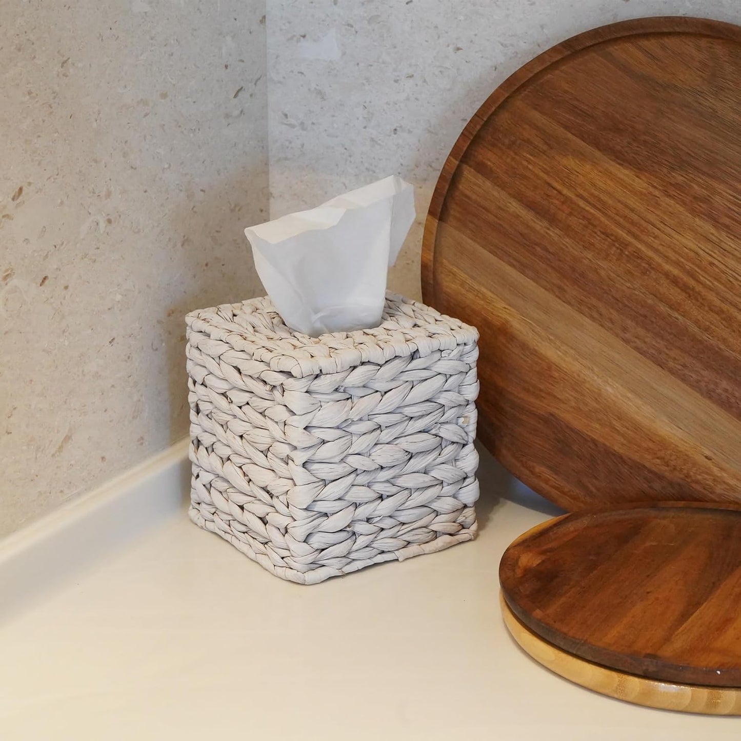 Water Hyacinth Handwoven Tissue Box Cover, Natural Handmade Wicker Napkin Box Holder, Handcrafted Square Facial Tissue, Rustic Decorative on Table and Bathroom, Office, Boho Decorative, Whitewash