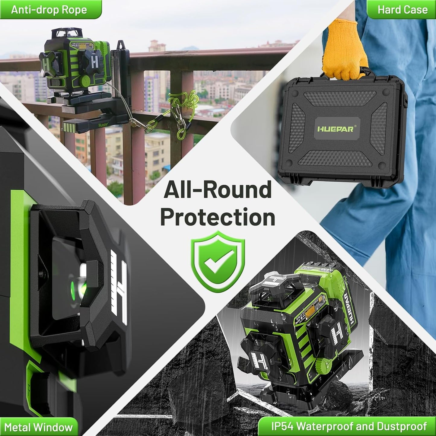 Huepar Laser Level 360 Self Leveling, W04CG Upgraded 4x360° Bluetooth Construction Lazer Leveler Tool with Electric Rotating Base ＆ Large LCD Screen, 4D 16 Lines Green Cross Laser Level