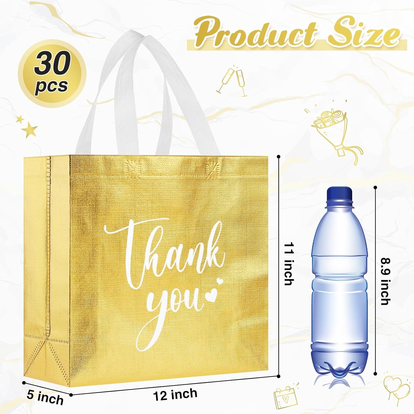 Sweetude 30 Pcs Thank You Gift Bags with Handles Bulk Reusable Goodie Bag Non Woven Foldable Handbag for Graduation Wedding Bridesmaid Gifts(11 x 12 x 5 Inch,Gold)