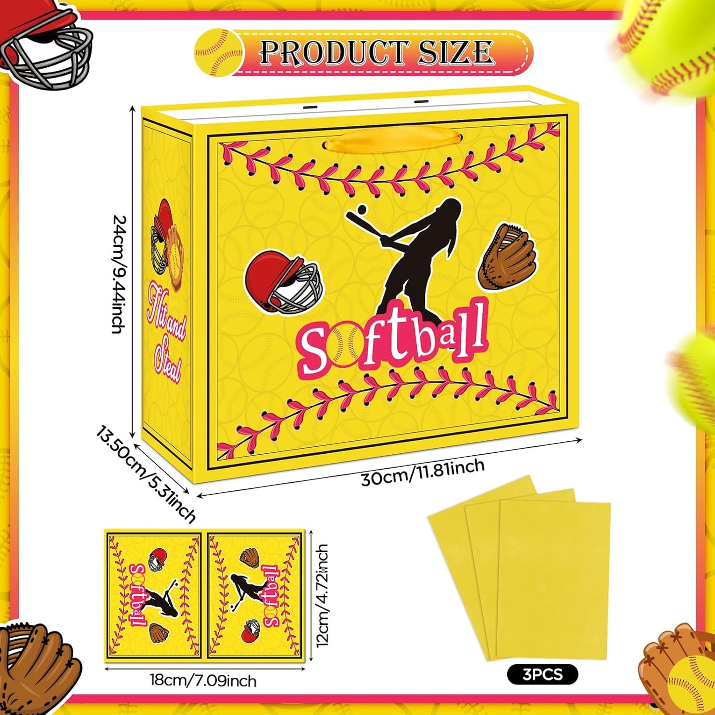 Softball Party Gift Bag Large Softball Gift Wrapping Bag with Tissue Paper Greeting Card Decorations for Sport Party Favor Softball Birthday Goodie Gifts Treat Wrap Bags for Girls Women Team Supplies