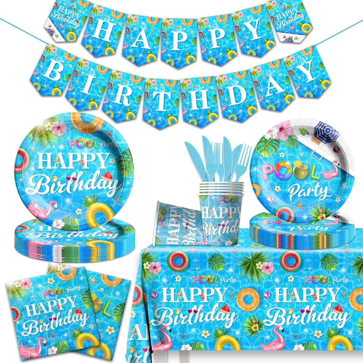 142 Pieces Pool Birthday Party Supplies - Summer Pool Tableware Set Plate,Cups,Tablecloth for Summer Pool Birthday Party, Hawaii Holiday Decorations
