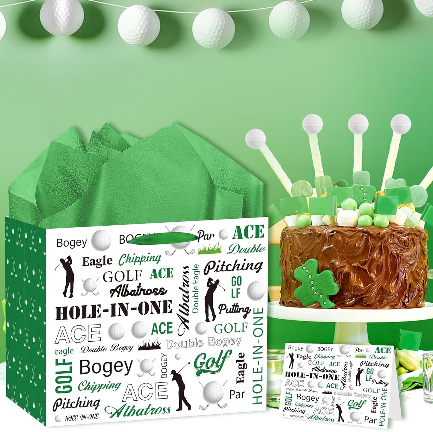 EoBeCy Golf Gift Bag with Handles, Tissue Paper and Greeting Card, Green Golf Wrapping Paper for Men Boys Kids Sports Themed Birthday Party Favors Supplies Decorations