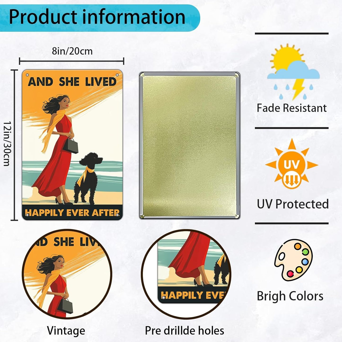 Vintage Tin Sign Metal Poster Plaque Poodle Girl and She Lived Happily Ever After Dog Metal Sign Iron Painting Retro Wall Decor Poster for Home Hotel Cafes 8x12 Inch