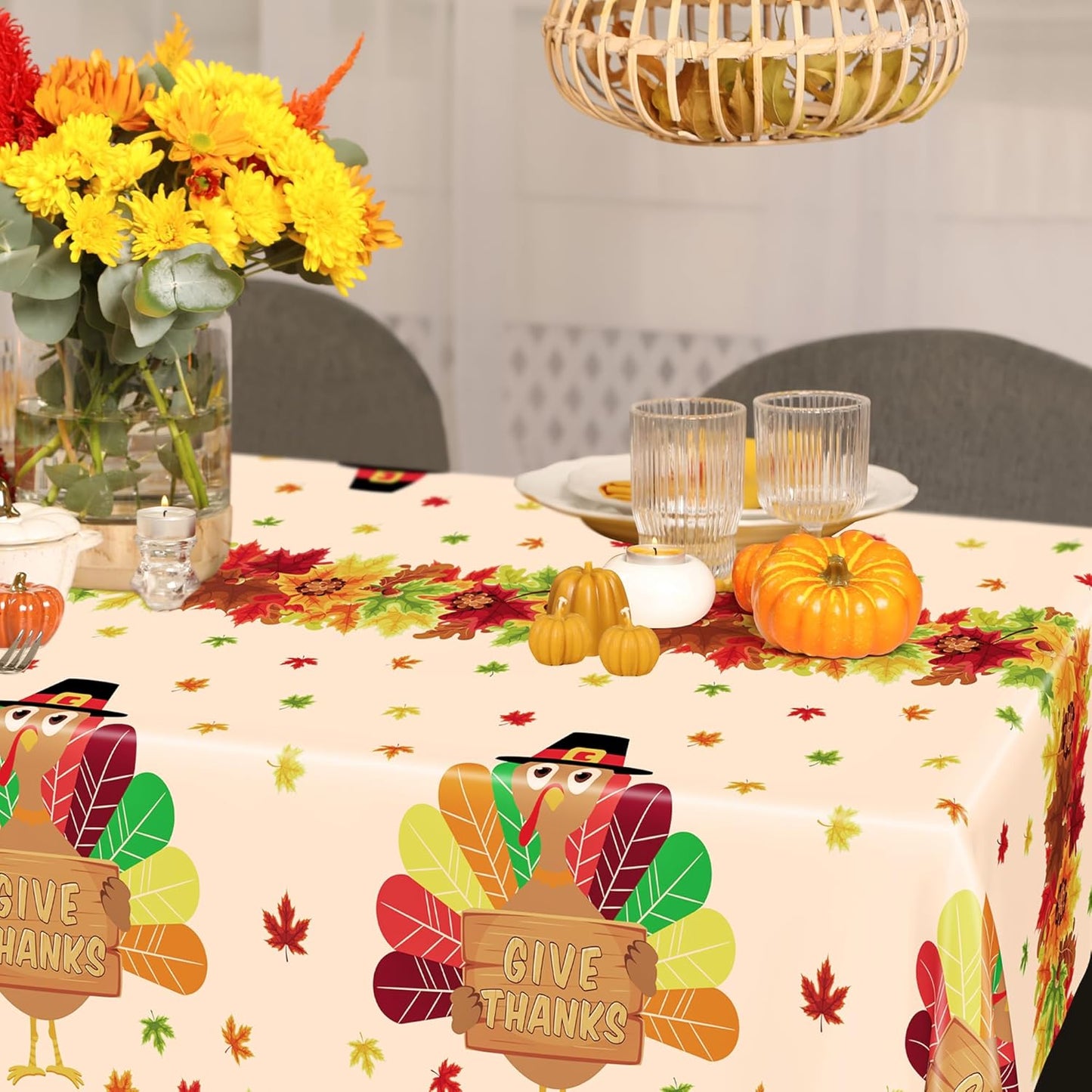 6 PACK Thanksgiving Disposable Tablecloths, 54" x 108" Fall Plastic Tablecloth, Maple Leaves Turkey Table Cloth Rectangle Tablecover, Thanksgiving Table Decorations Harvest Decor Fall Party Supplies