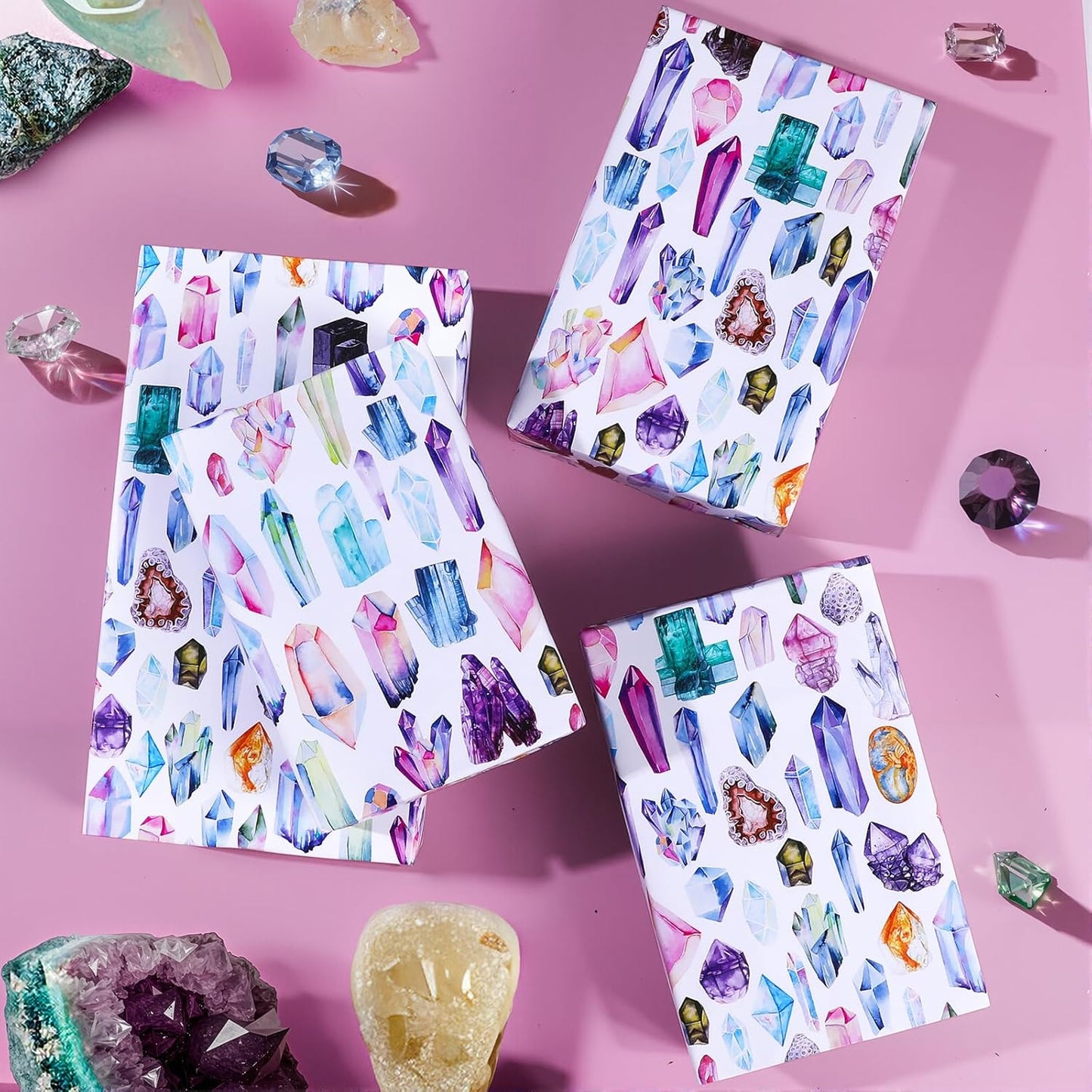 Gem Crystal Wrapping Paper Roll - 17Inch x16.4Feet - Watercolor Multicolor Precious Stone Design Gift Wrap for Birthdays,Holidays,Celebrations