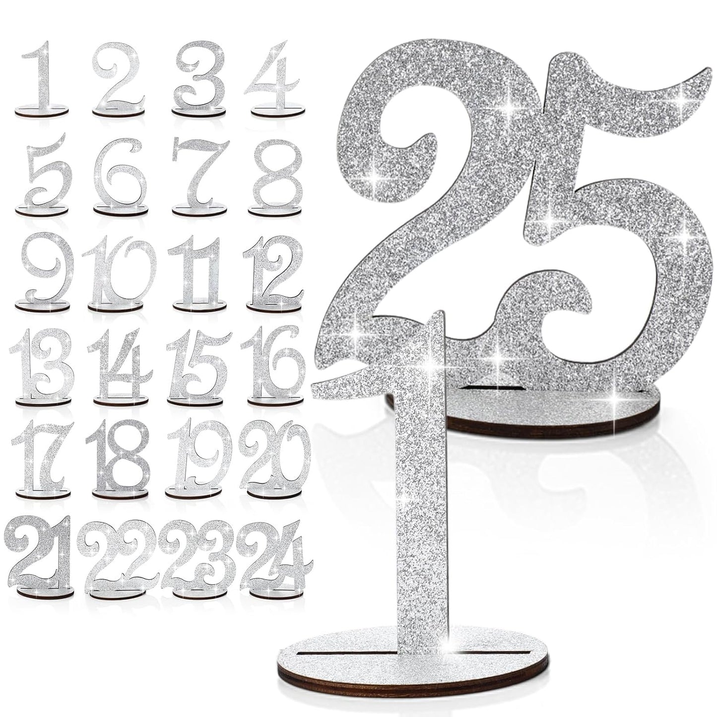 Glitter Table Numbers 1-25 Wooden Table Numbers for Wedding Reception Standing Seat Place Cards with Holder Base for Wedding Party Event Catering Receptions Banquets(Sliver)