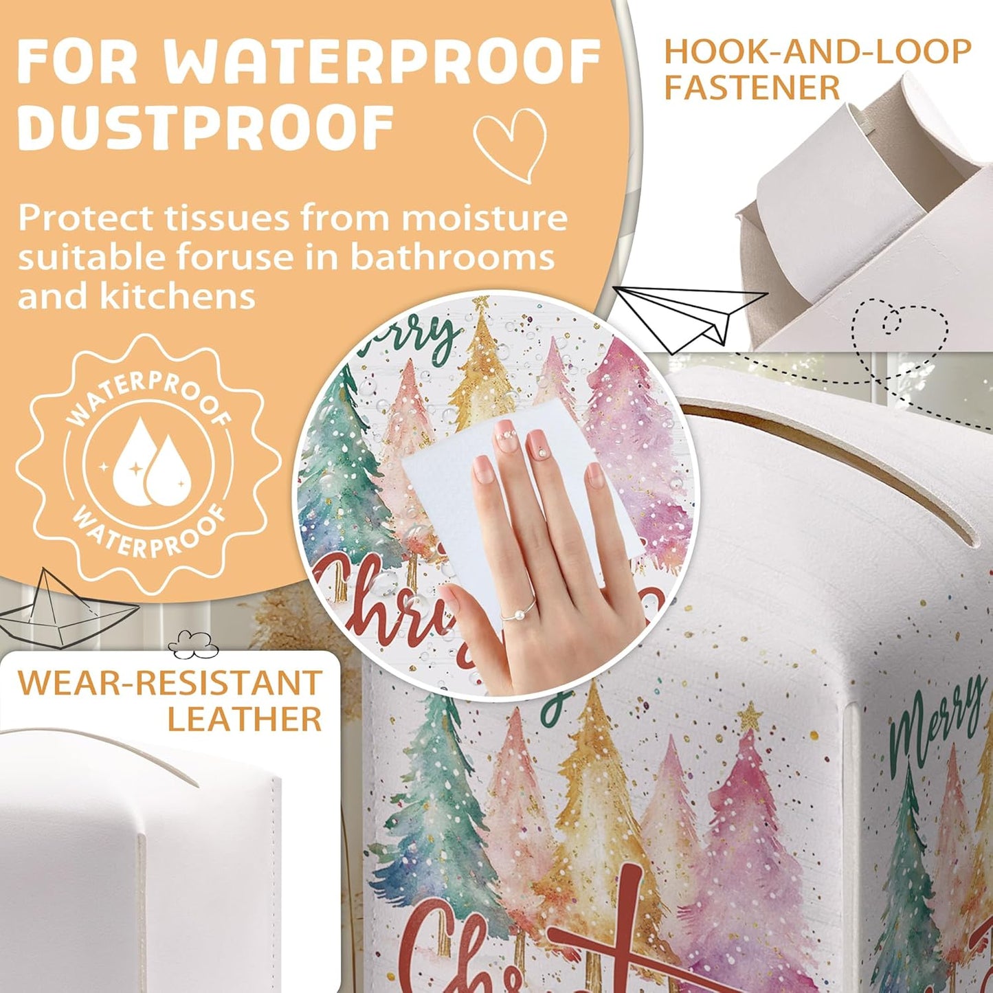 Merry Christmas Tissue Box Holder, Colorful Christmas Tree Leather Tissue Box Cover Square, Paper Facial Decorative Tissues Cover for Night Stands Bathroom Kitchen Office Home Decor-B14