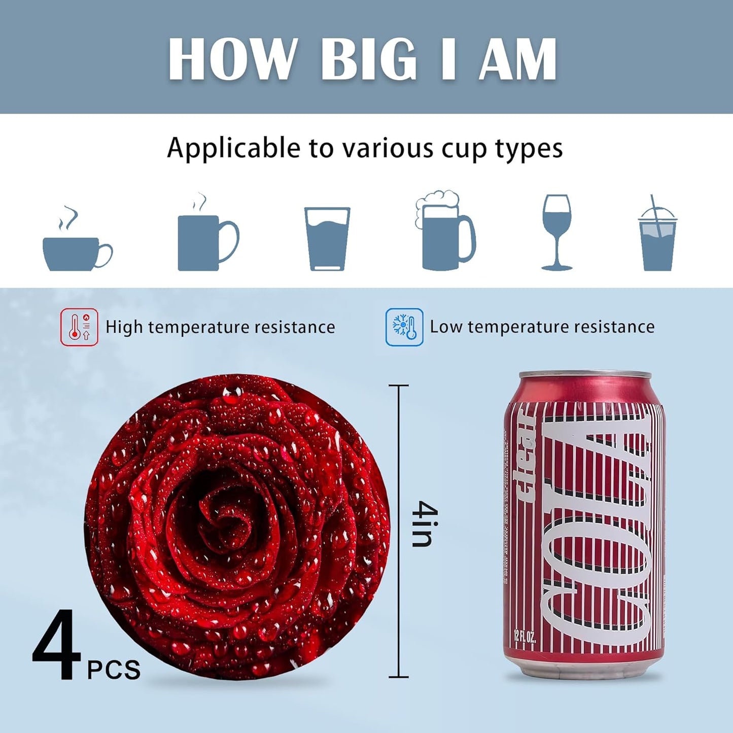 Coasters for Drinks,Red Rose Flower Absorbent Coaster Set of 4 with Cork Base,Ceramic Drink Coasters for Cold Drinks Wine Glasses Cups Mugs,Housewarming Gifts for Home Decor