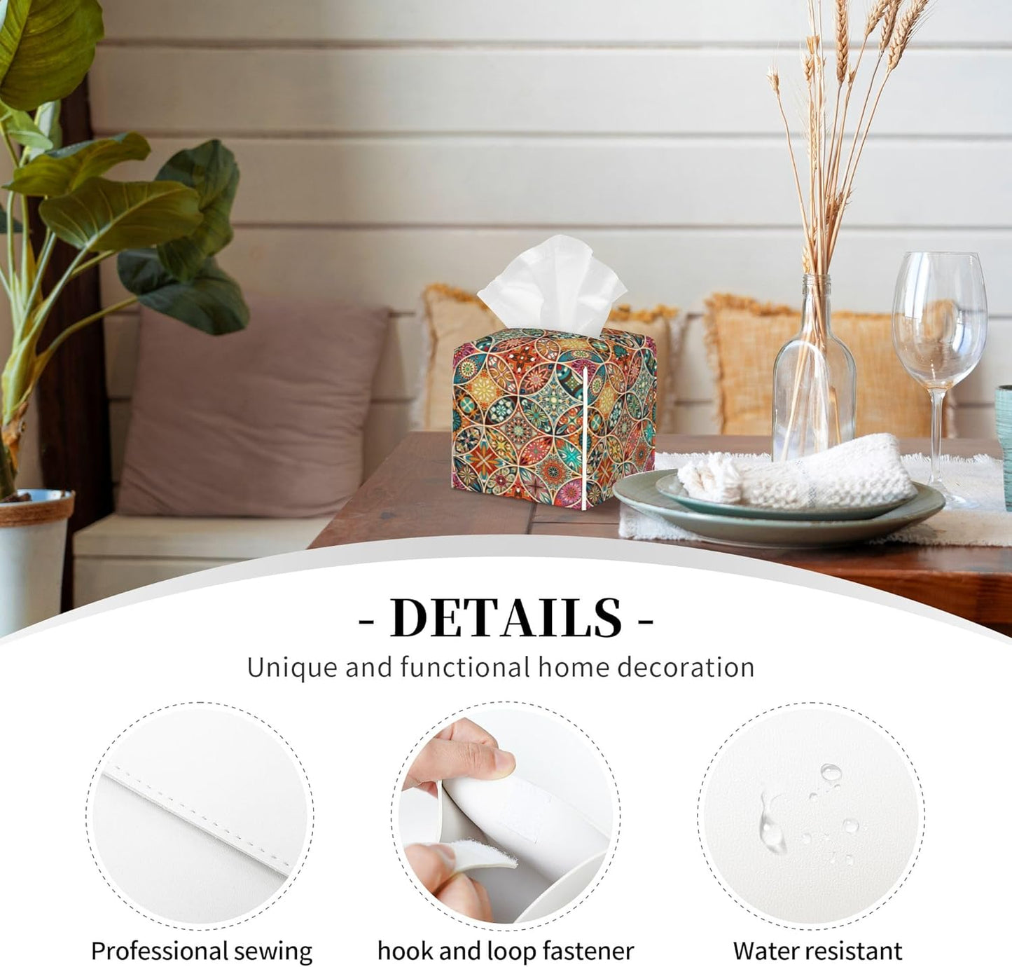 Tissue Box Cover Holder, Vintage Mandala Flowers PU Leather Square Tissue Box Cover Decorative Organizer for Bathroom Kitchen Bedroom Vanity Countertop Night Stands