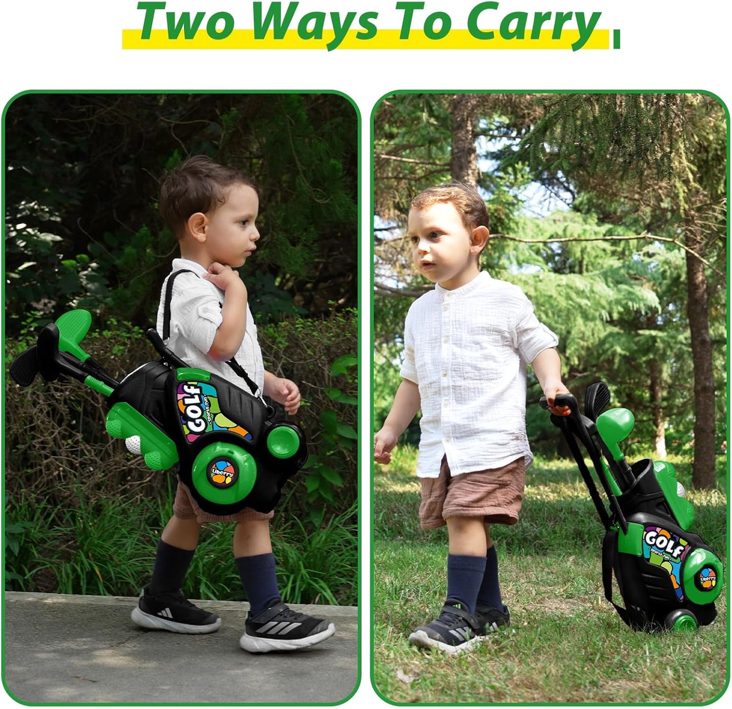 Liberry Toddler Golf Set with Putting Mat for Boys Girls Age 2 3 4, Upgraded Kids Golf Cart with Shoulder Strap Design, Outdoor Indoor Sports Toys for Birthday, Black