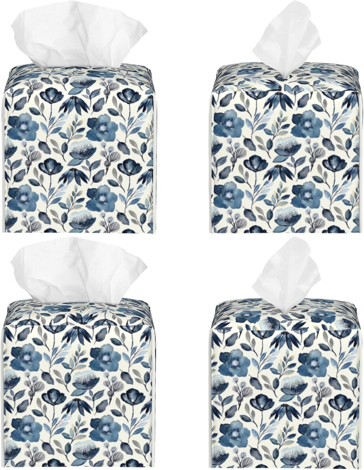 Watercolor Blue Floral Tissue Box Cover Square,Blue Flowers and Leaves Tissue Box Holder Waterproof Leather Facial Paper Organizer Dispenser for Bathroom Home Car Nightstand Vanity Desk