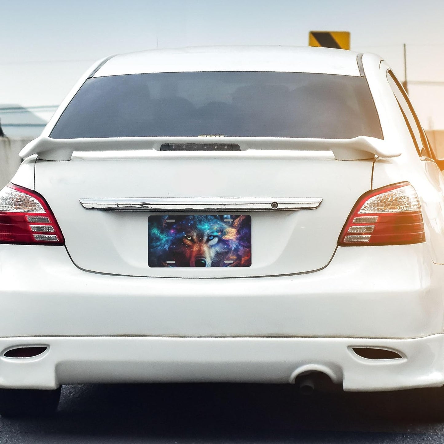 Front License Plate for Car Designs Galaxy Animal Wolf Stainless License Plate Cover Holder for Men Women Metal Aluminum Decorative Accessory Vanity Tag Standard 6 X 12 Inch (4 Holes)