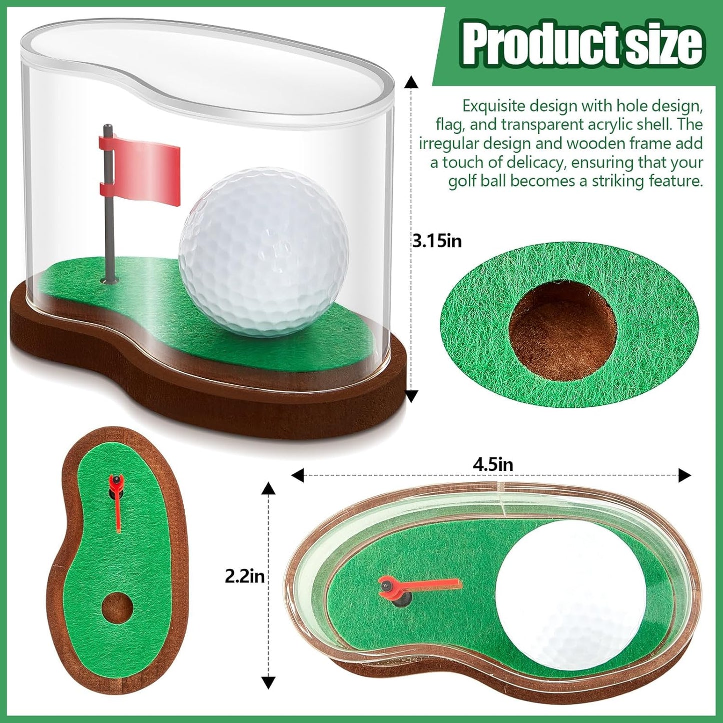 Soaoo 3.94 x 2.95 x 3.43'' Golf Ball Display Case Acrylic Golf Ball Transparent Holder Display Stand Clear Memorabilia Storage Box with Flag and Wood Base for Single Golfball Enthusiasts Gift