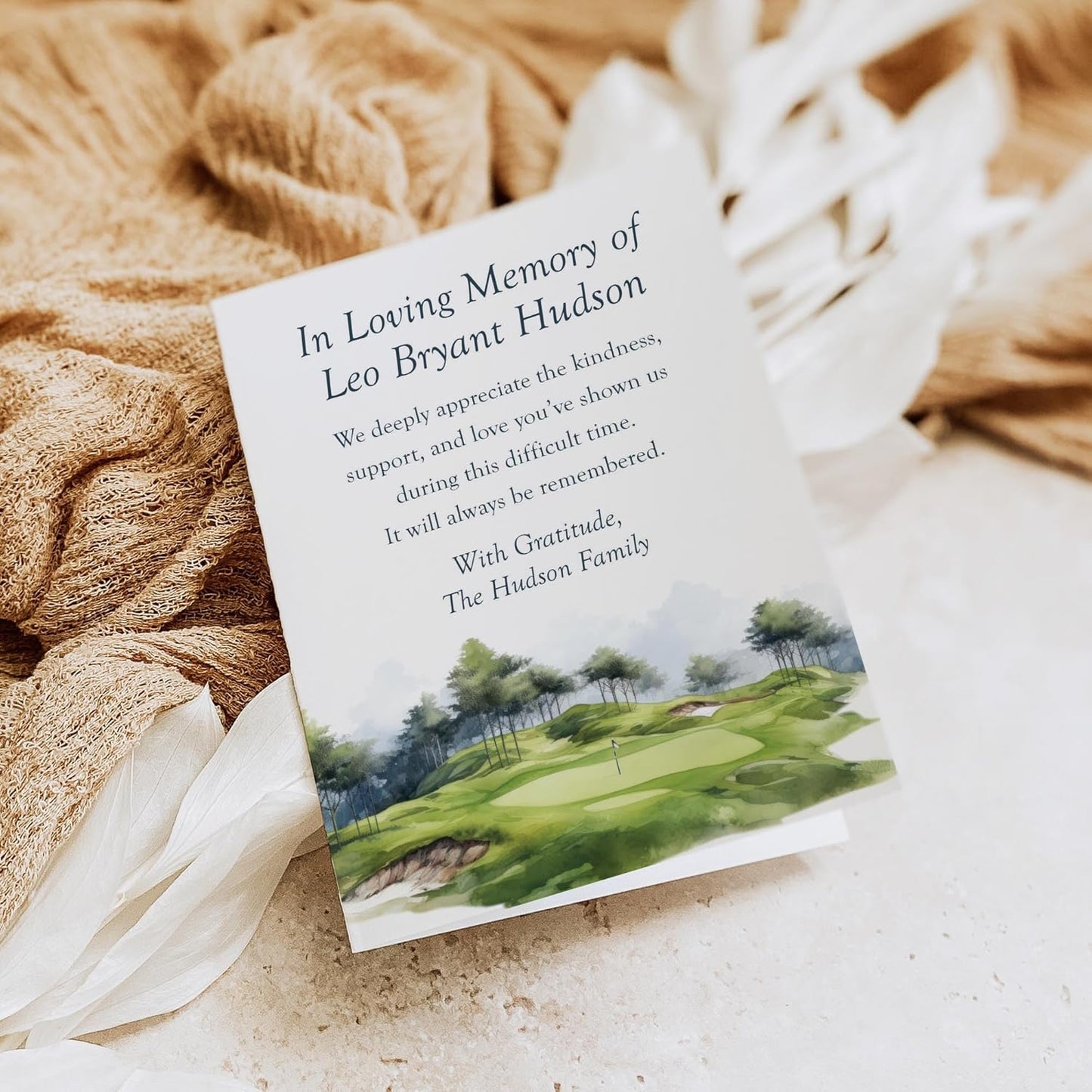Golf Sympathy Thank You Cards, In Loving Memory Watercolor Funeral Thank You, 4.25 x 5.5 (A2) Folded Memorial Cards, Custom Name Bereavement Acknowledgement with Envelopes (Folded Card)