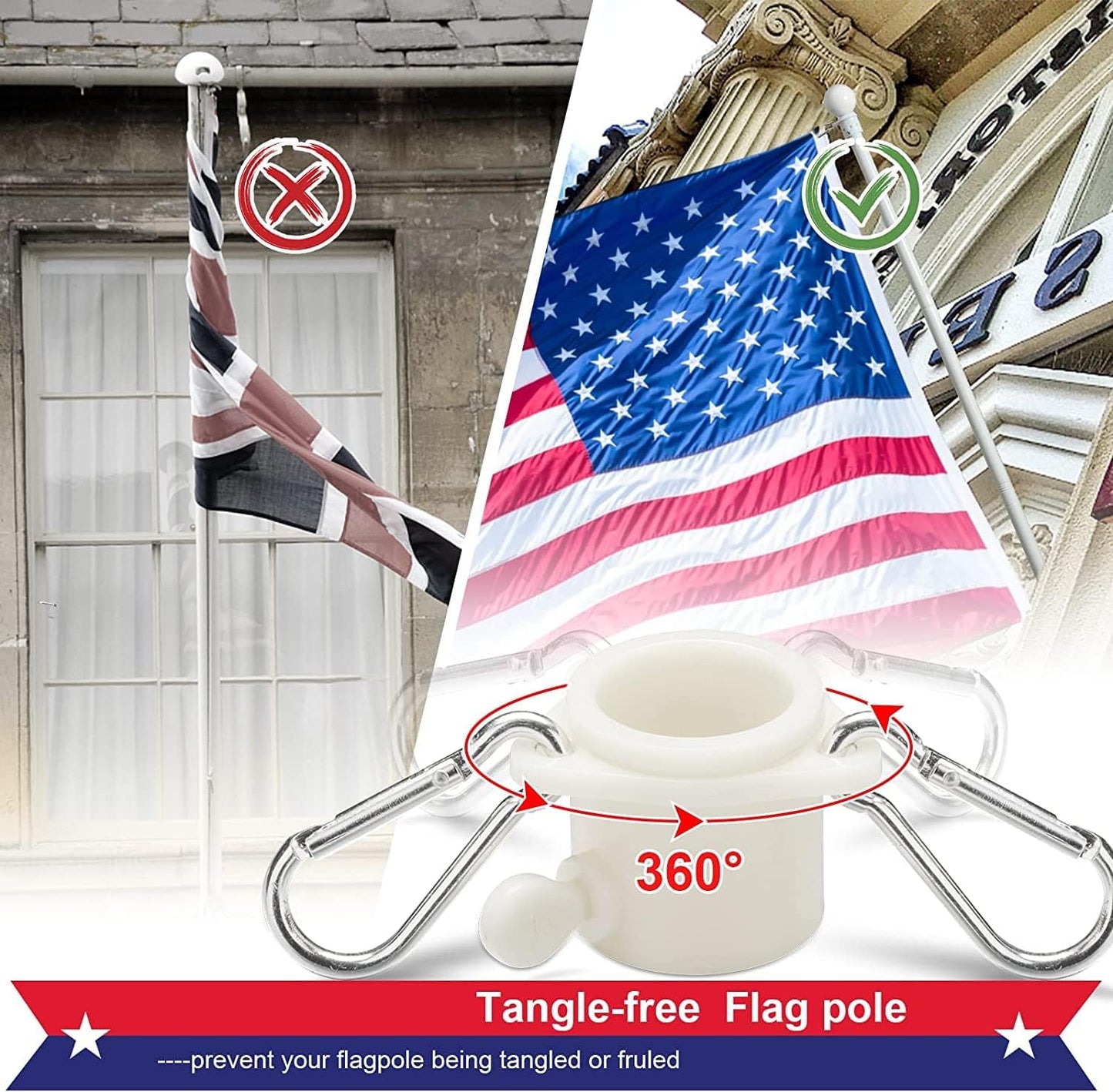 Flag Pole Holder for Outside House - 6ft Heavy Duty Metal House Flag Pole Kit, Tangle Free Spinning Flagpole for Outdoor Porch Residential Decoration - White