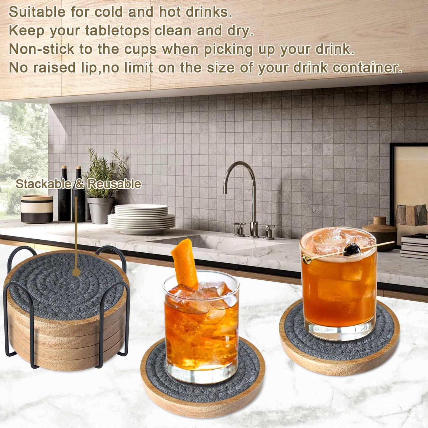 6 Pack Coasters for Drinks Absorbent, 4.3 inches Cork Coasters for Coffee Tables, Wooden Drink Coasters for Table Protection, Cute Coasters for Kitchen, Farmhouse, Bar, and Office (Dark Gray)