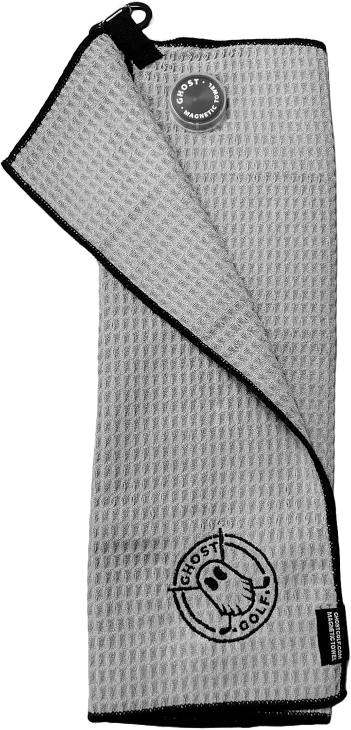 Ghost Golf Magnetic Towel (Greenside) - Premium Ultra-Absorbent Microfiber Golf Towel with Magnet for Golf Carts or Clubs - 18" x 18" Golfing Gear - Waffle Weave Pattern (Grey)