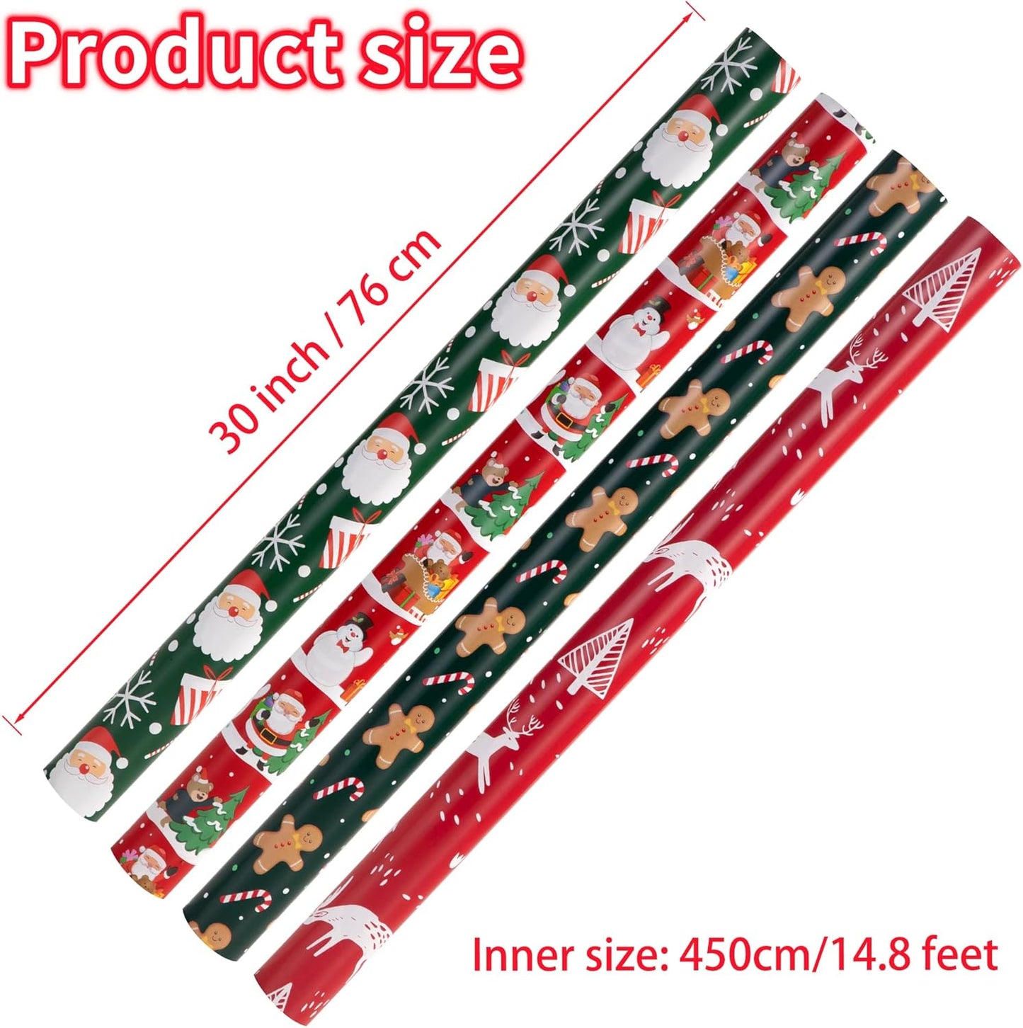 Novnsoi Christmas Wrapping Paper for Gifts (4 Rolls: 148 sq. ft. ttl) Funny Candy Cane Santas, Reindeer, Christmas Tree, Snowflakes - 30 inches x 14.8 feet Per Roll
