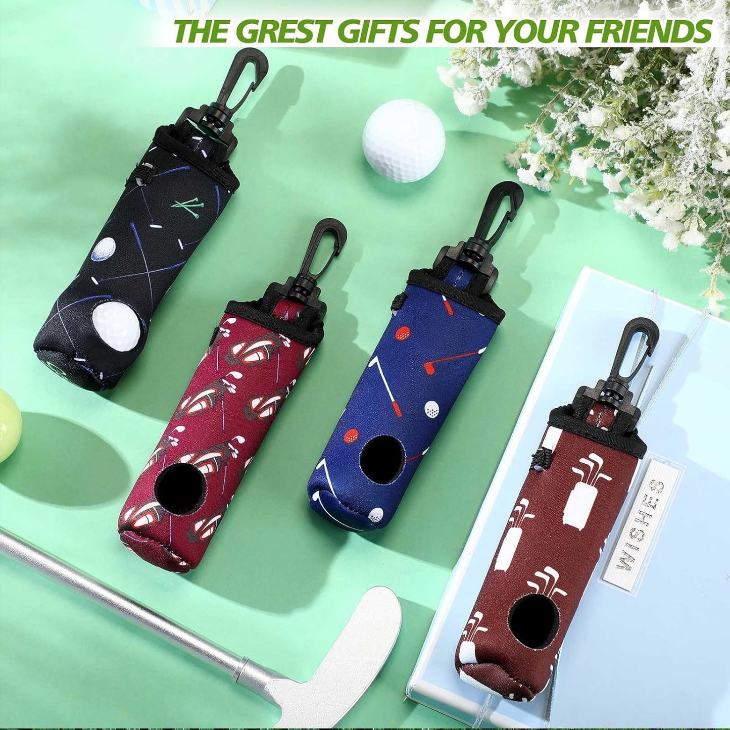 4 Pieces Golf Tee Holder Golf Ball Carry Bag Pouch Ball Holder Keychain Belt Clip Gifts Accessories