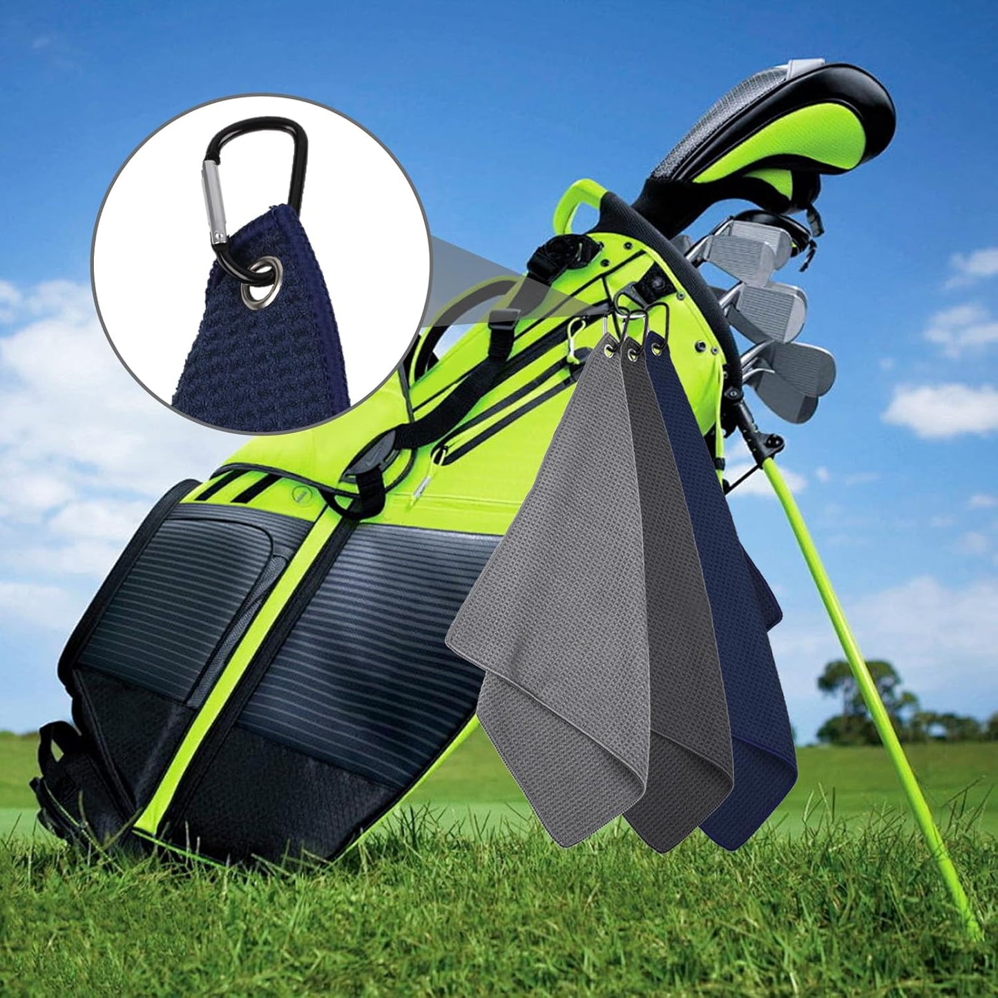 3 Pack 16" X 16" Golf Towels for Golf Bags for Men, Premium Waffle-Pattern Golf Towel with Carabiner Clip, Super Absorbent Microfiber Towel, Golf Accessories for Men, 3 Dark-Gray Colors