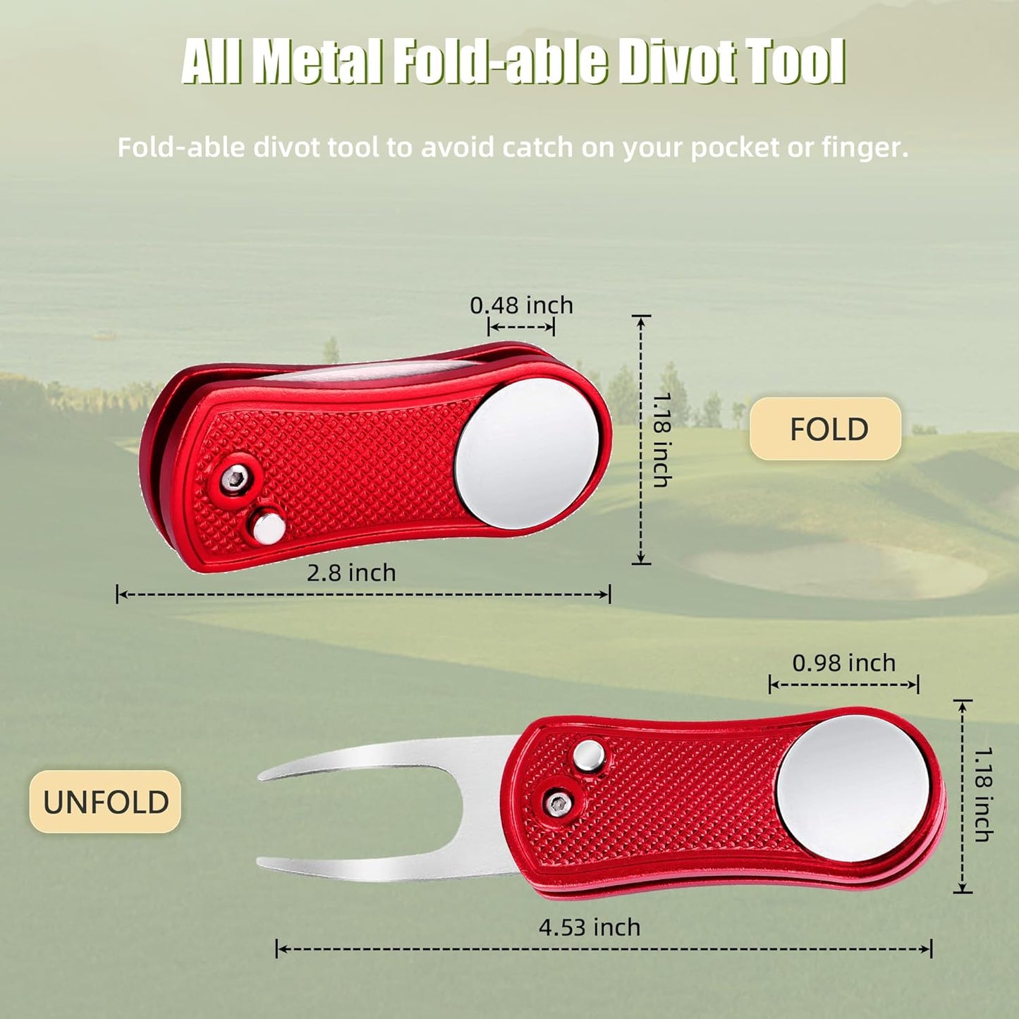 Mile High Life Golf Divot Repair Tool, All Metal Foldable Divot Tool with Pop-up Button & Magnetic Ball Marker