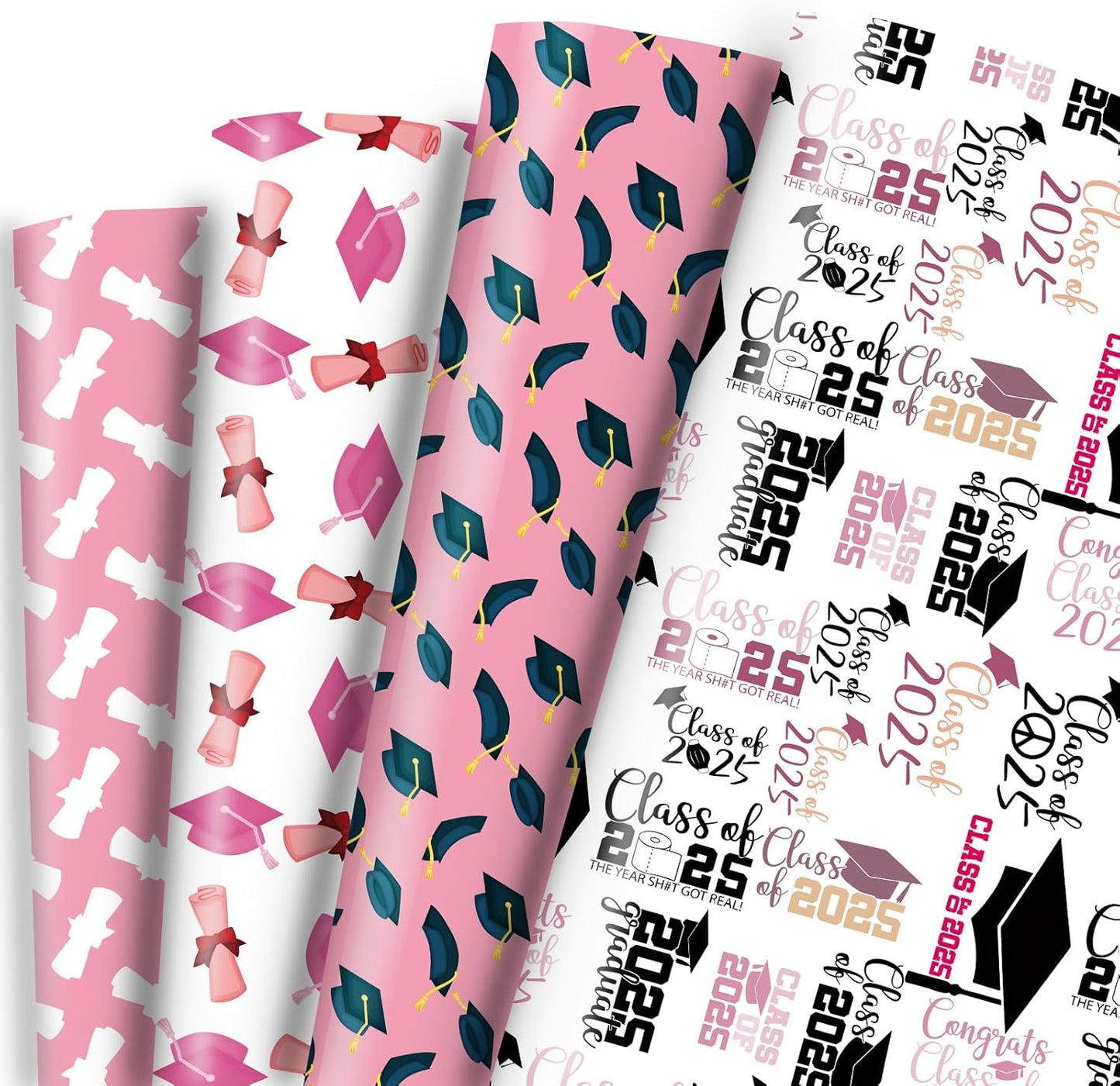 Vnaaem Pink Graduation Wrapping Paper 2025-4 Designs Grad Gift Wrap Folded Flat for Girls Kids - 20 X 28Inches Per Sheet(8 Pack)