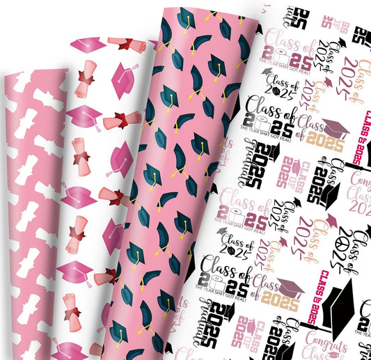 Vnaaem Pink Graduation Wrapping Paper 2025-4 Designs Grad Gift Wrap Folded Flat for Girls Kids - 20 X 28Inches Per Sheet(8 Pack)