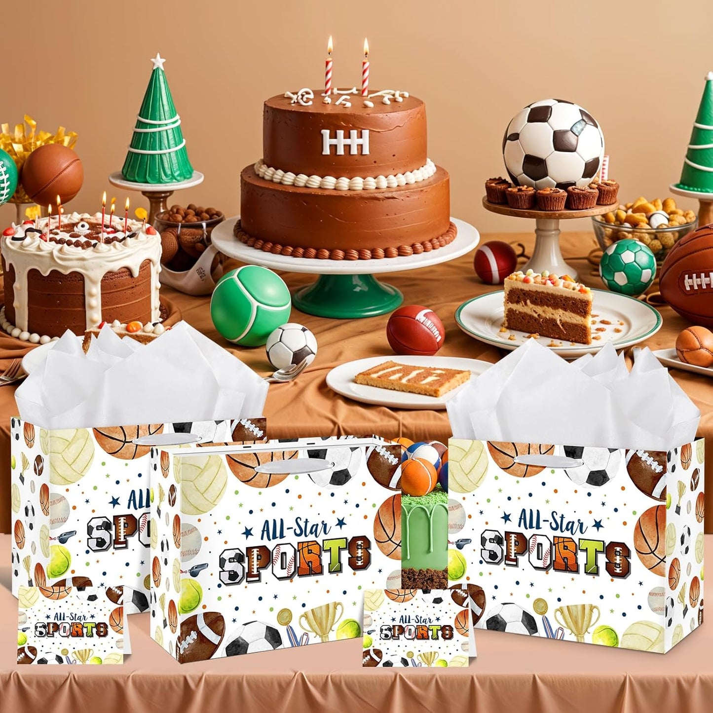 Sports Party Gift Bag, Sports Ball Gift Wrap Bag with Tissue Paper Card Decorations for Kids Men Soccer Tennis Football Baseball Team Birthday Party Favor Goodie Gifts Treat Wrapping Bag Supplies