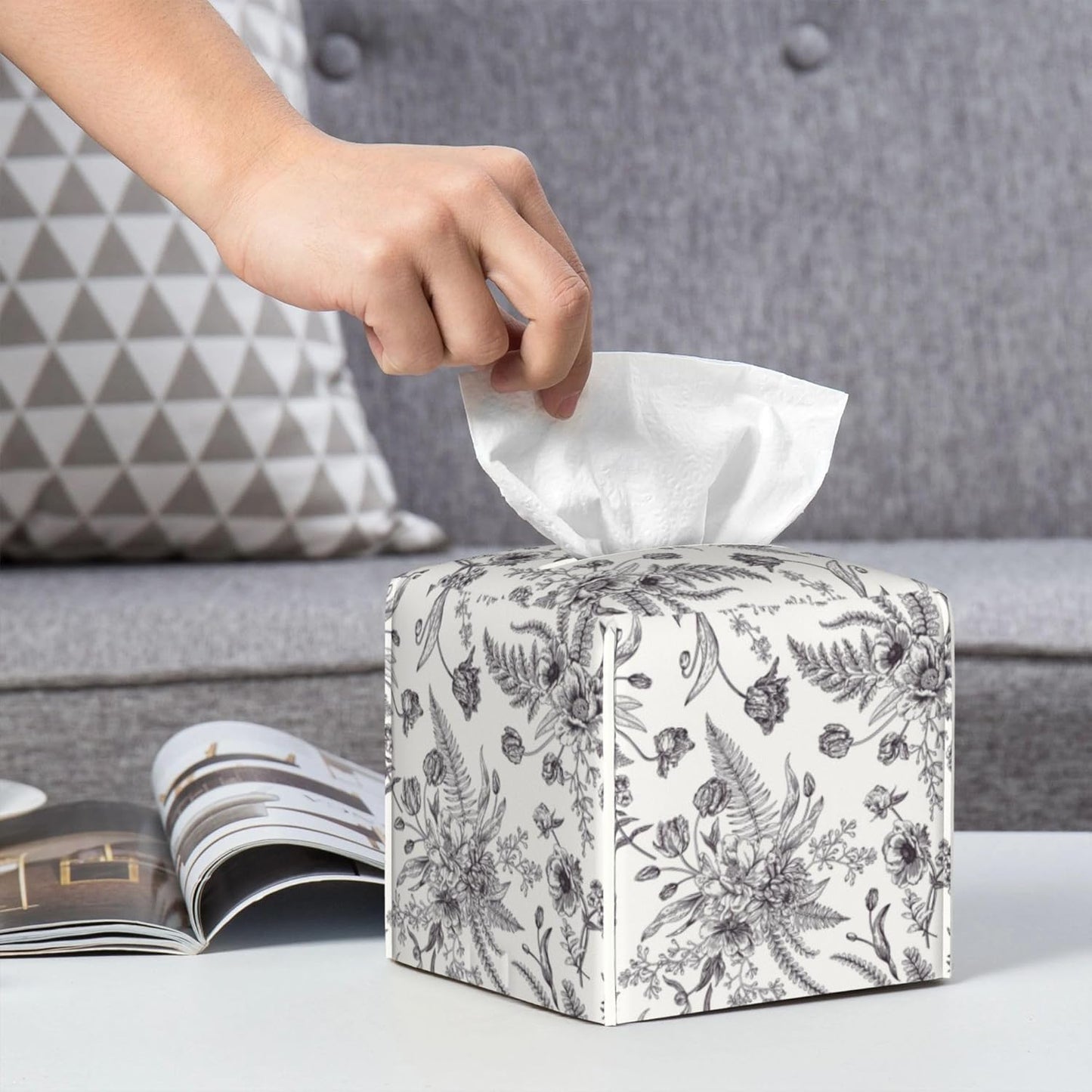 Black and White Flowers Tissue Box Cover Square,Vintage Floral Plant Leaves Tissue Box Holder Waterproof Leather Facial Paper Organizer Dispenser for Bathroom Home Car Nightstand Vanity Desk